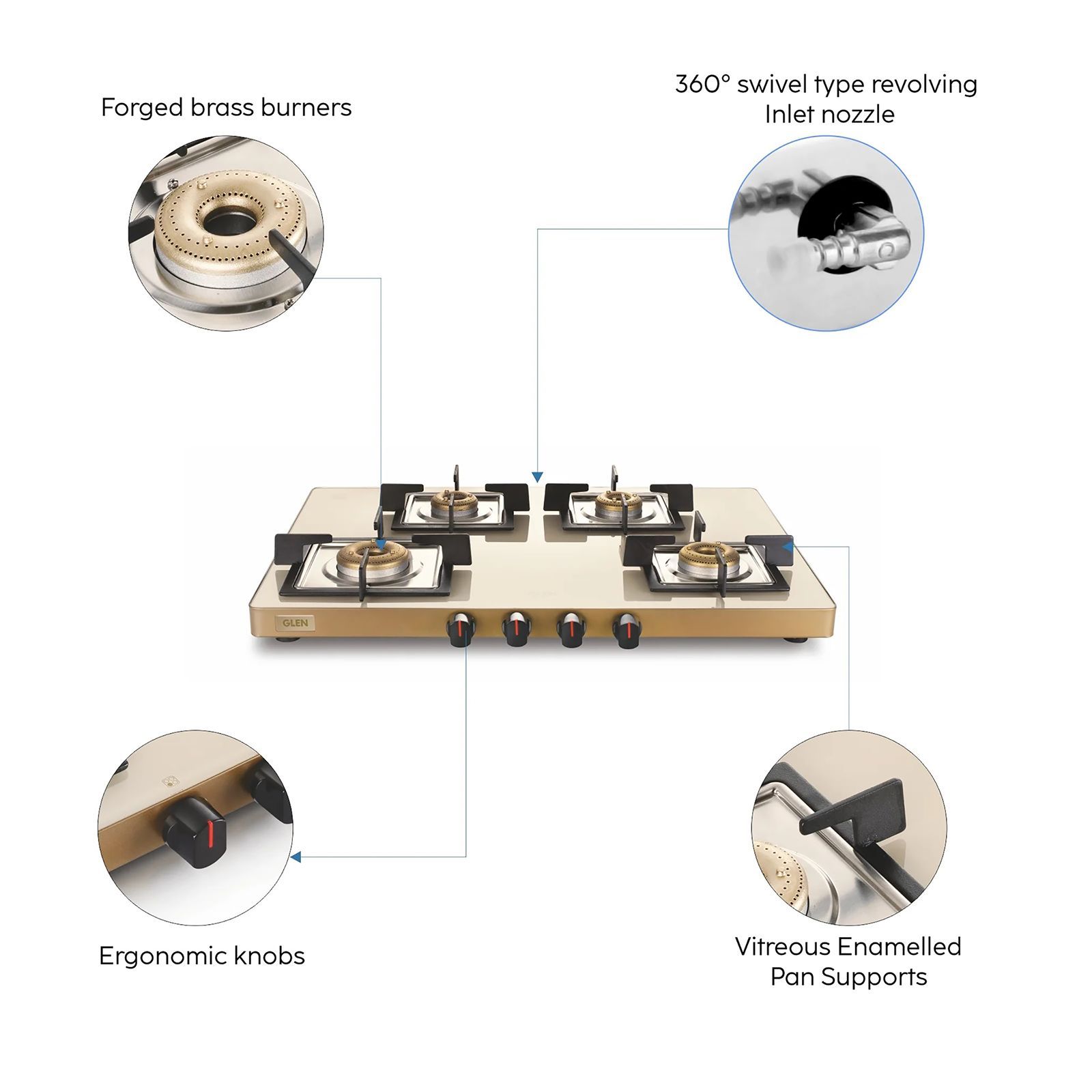 Glen Ultra Slim Toughened Glass Top 4 Burner Manual Gas Stove (Vitreous Enamelled Pan Support, Apricot)_4