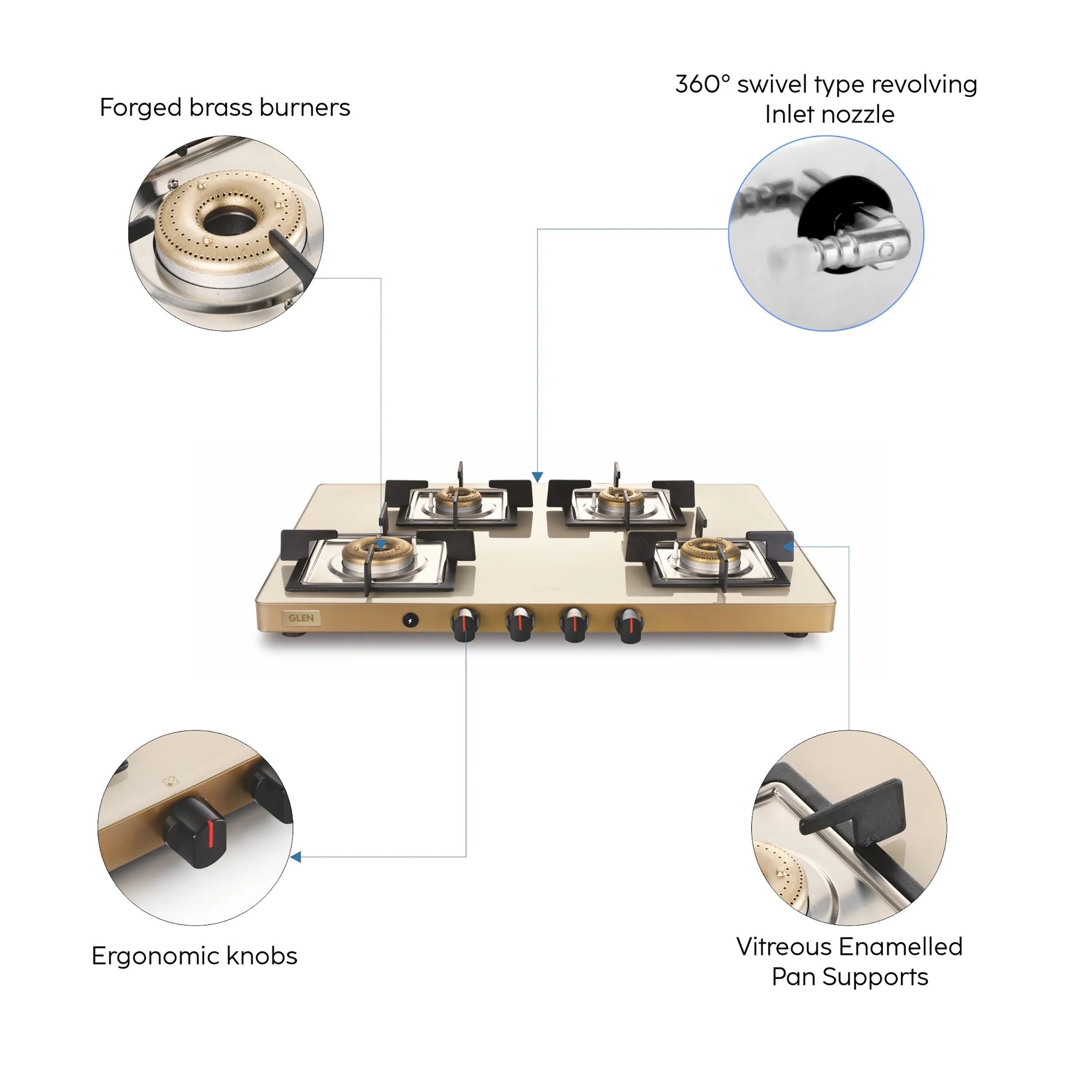 Glen Ultra Slim Toughened Glass Top 4 Burner Automatic Gas Stove (Vitreous Enamelled Pan Support, Apricot)_9