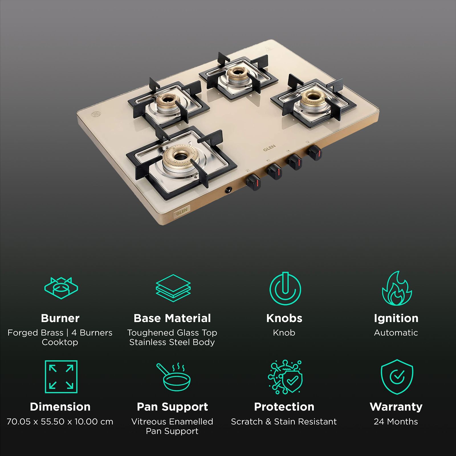 Glen Ultra Slim Toughened Glass Top 4 Burner Automatic Gas Stove (Vitreous Enamelled Pan Support, Apricot)_3