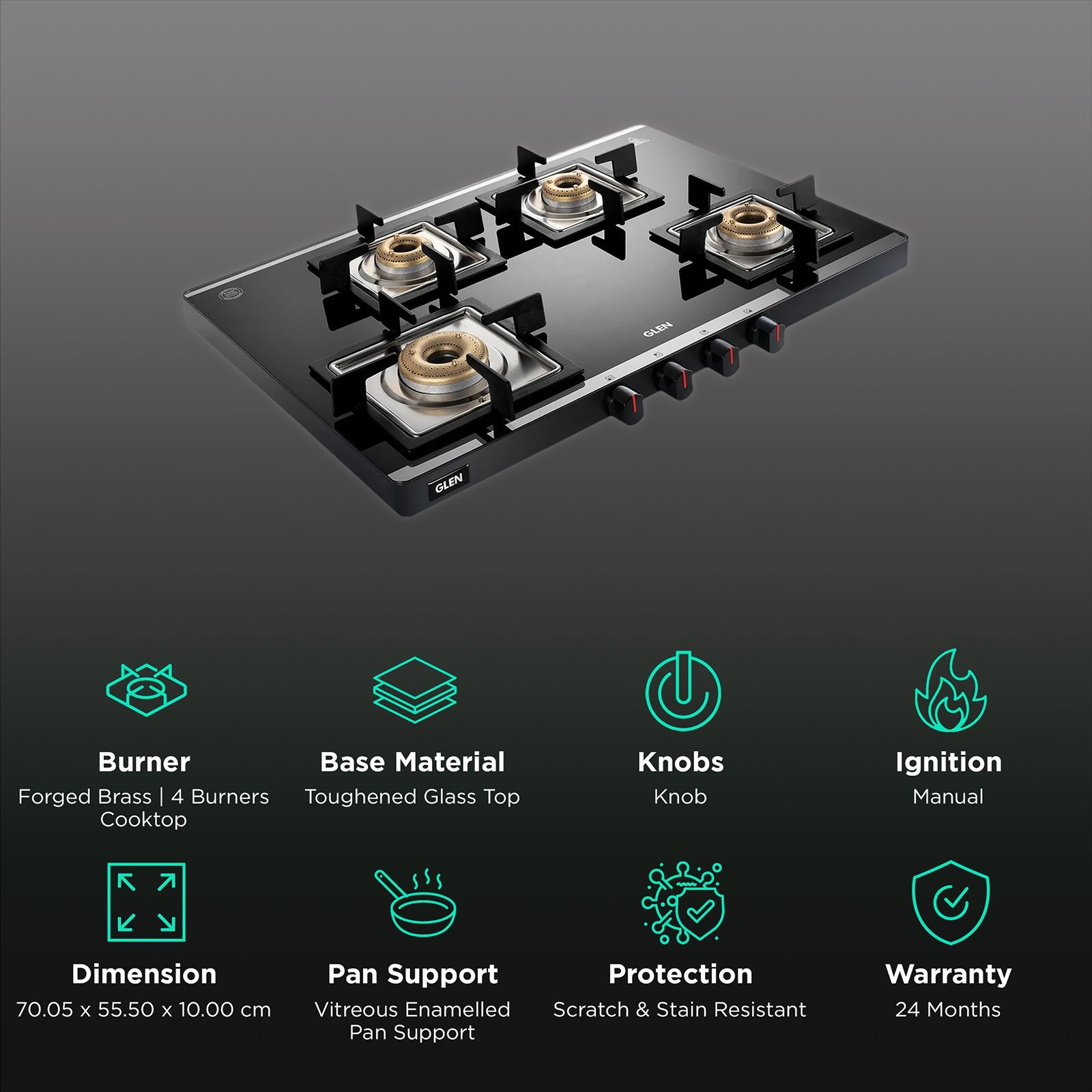 Glen Ultra Slim Mirror Toughened Glass Top 4 Burner Manual Gas Stove (Vitreous Enamelled Pan Support, Black) Glen Ultra Slim Mirror Toughened Glass Top 4 Burner Manual Gas Stove (Vitreous Enamelled Pan Support, Black)_3