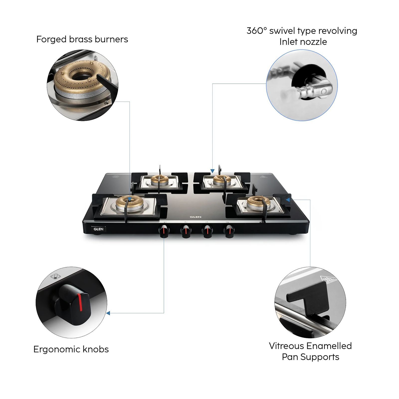 Glen Ultra Slim Mirror Toughened Glass Top 4 Burner Manual Gas Stove (Vitreous Enamelled Pan Support, Black) Glen Ultra Slim Mirror Toughened Glass Top 4 Burner Manual Gas Stove (Vitreous Enamelled Pan Support, Black)_4