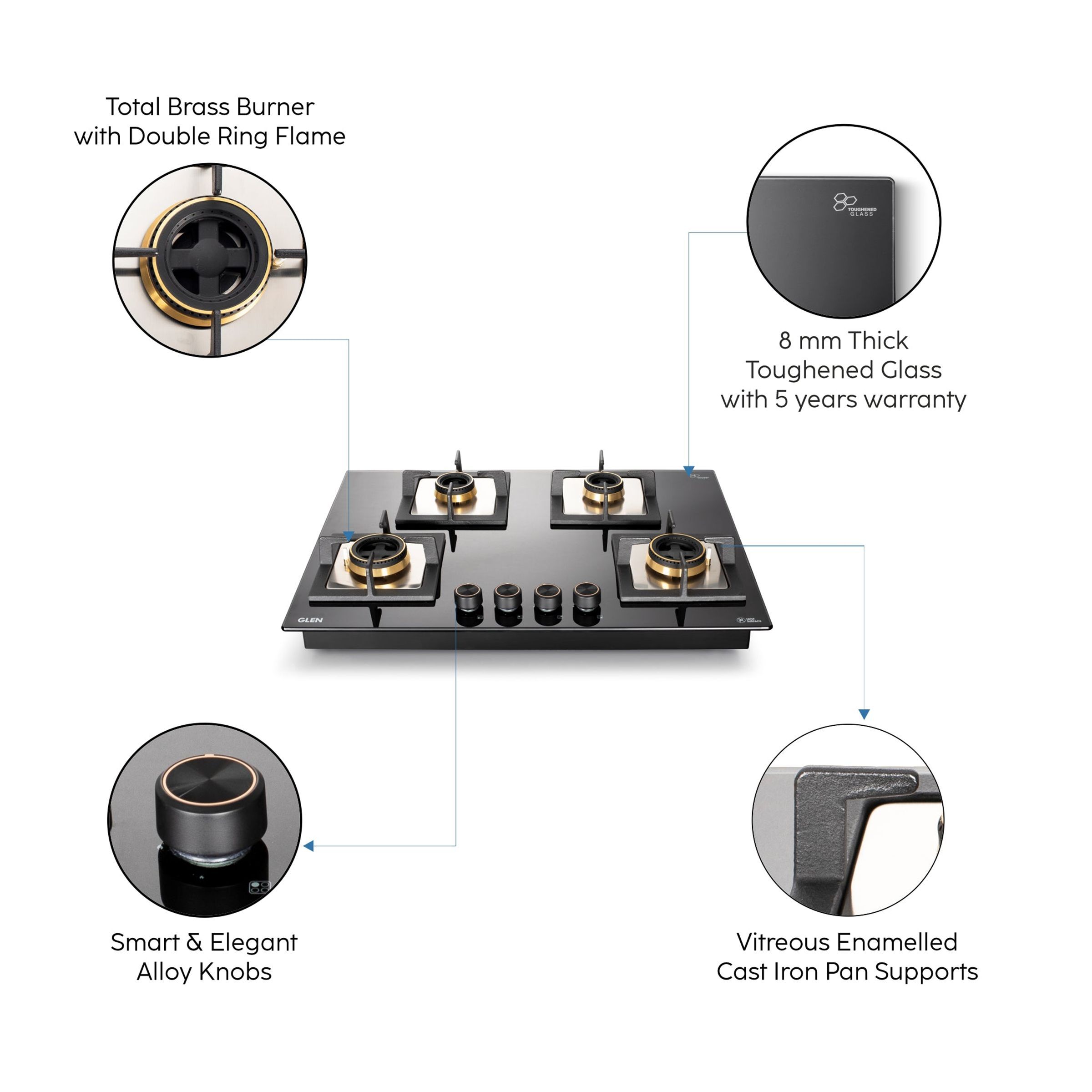 Glen 1074 SQ HT DB Toughened Glass Top 4 Burner Automatic Electric Hob (Vitreous Enamelled Pan Support, Black)_7