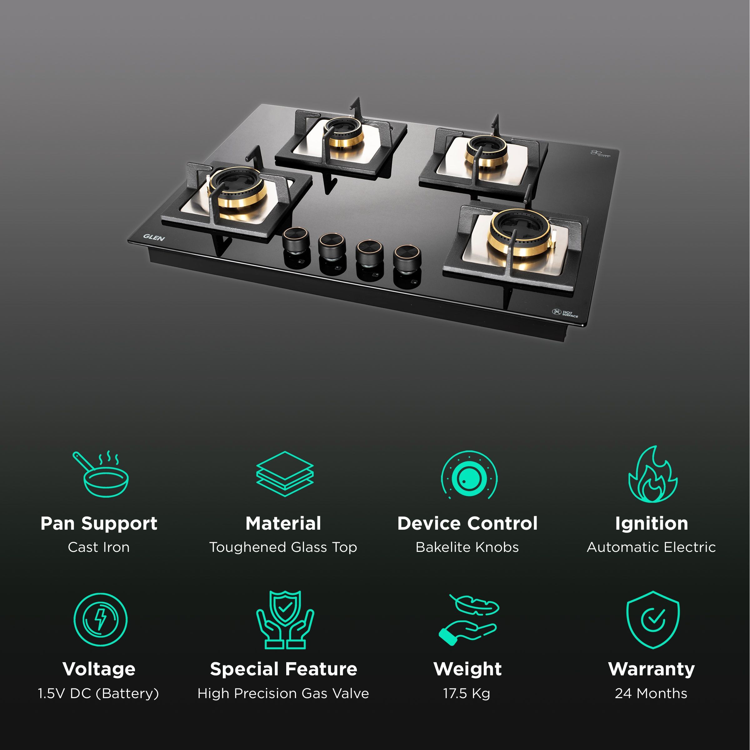 Glen 1074 SQ HT DB Toughened Glass Top 4 Burner Automatic Electric Hob (Vitreous Enamelled Pan Support, Black)_3