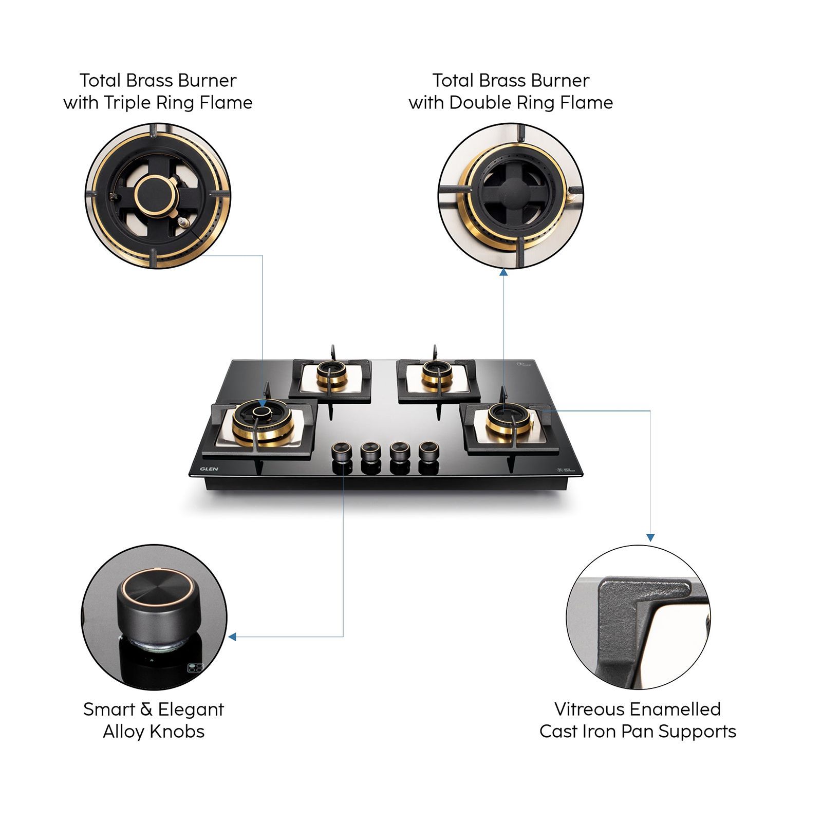 Glen 1074 SQ HT DB TR Toughened Glass Top 4 Burner Automatic Electric Hob (Vitreous Enamelled Pan Support, Black)_7