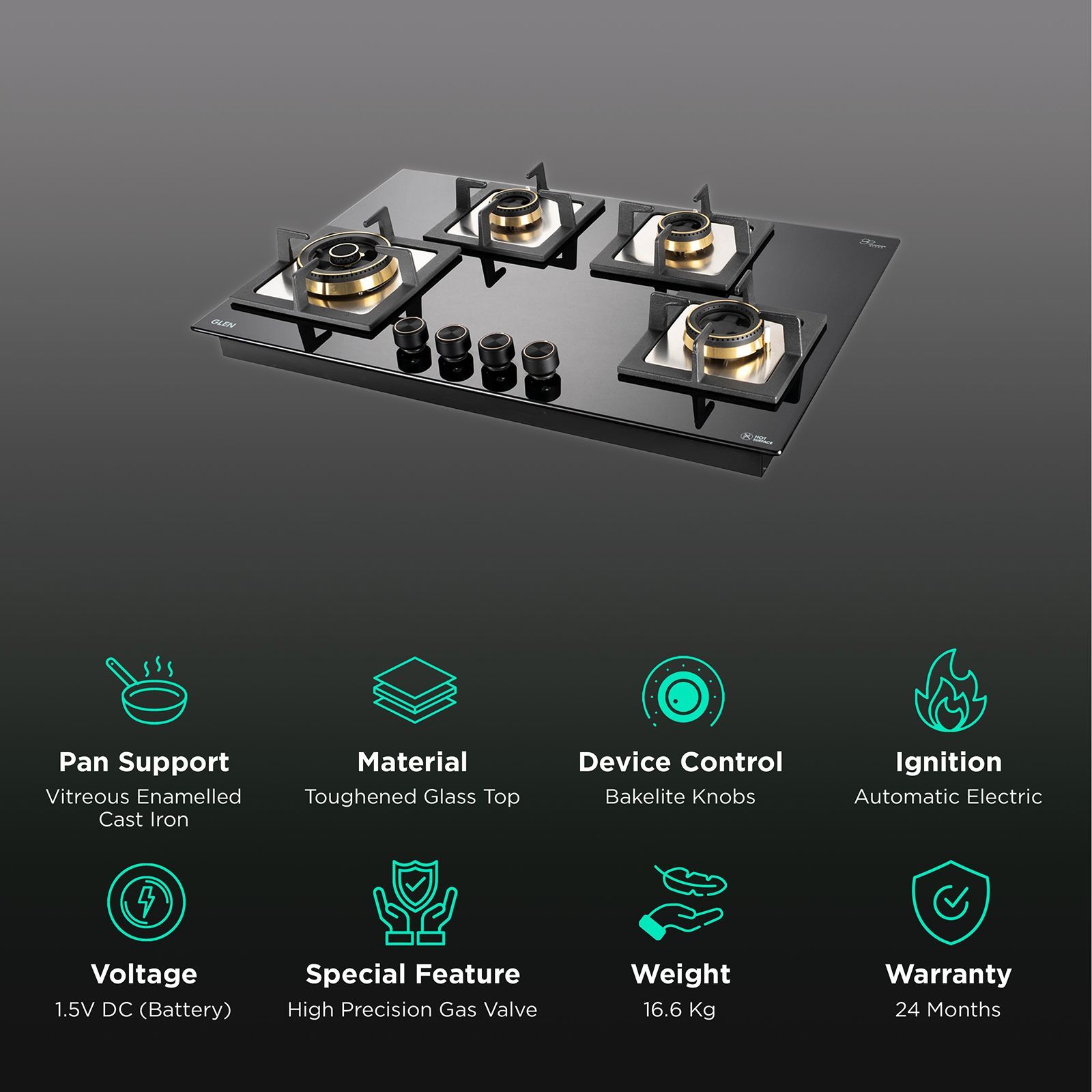 Glen 1074 SQ HT DB TR Toughened Glass Top 4 Burner Automatic Electric Hob (Vitreous Enamelled Pan Support, Black)_3