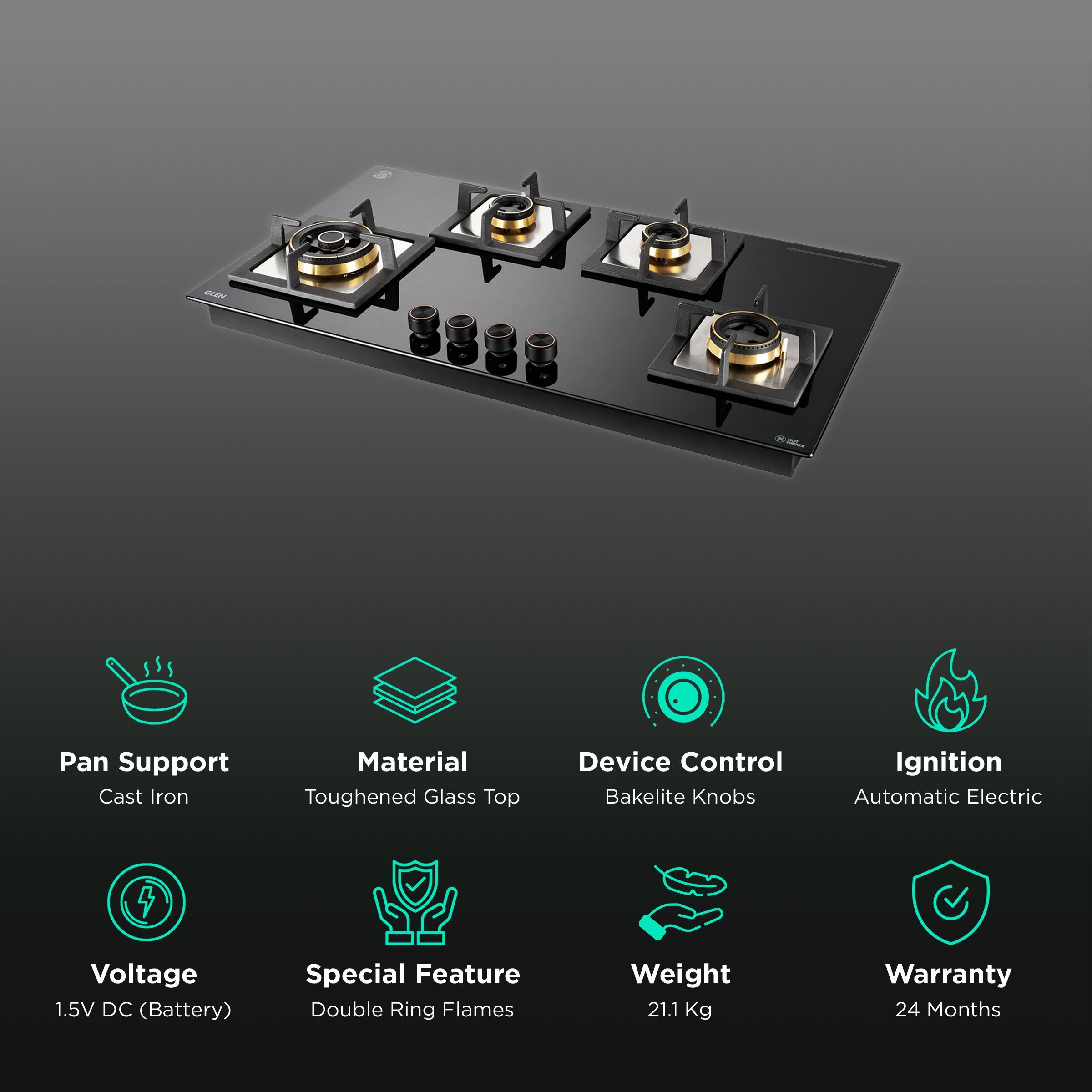 Glen 1094 XL SQ HTDBTR Toughened Glass Top 4 Burner Automatic Electric Hob (Vitreous Enamelled Pan Support, Black)_3