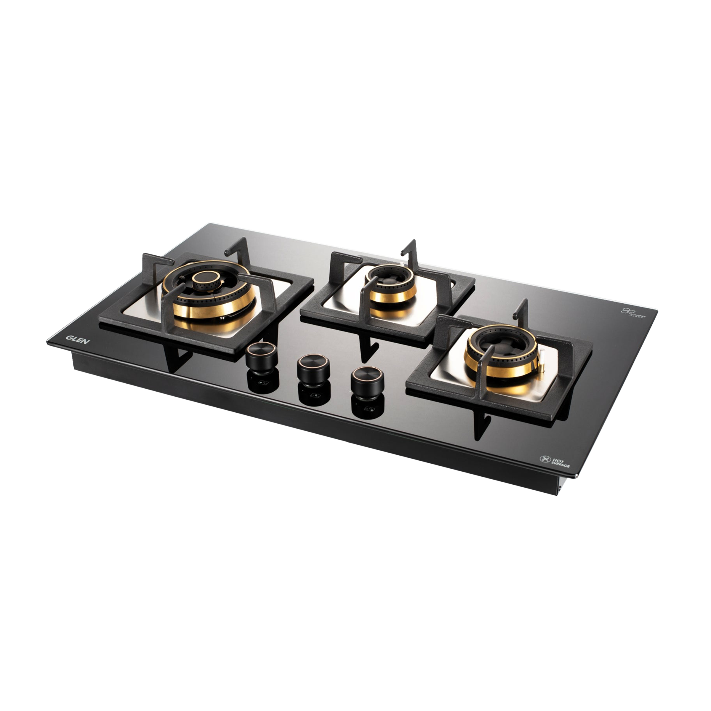 Glen 1073 SQ HT DB TR Toughened Glass Top 3 Burner Automatic Electric Hob (Vitreous Enamelled Pan Support, Black)_1