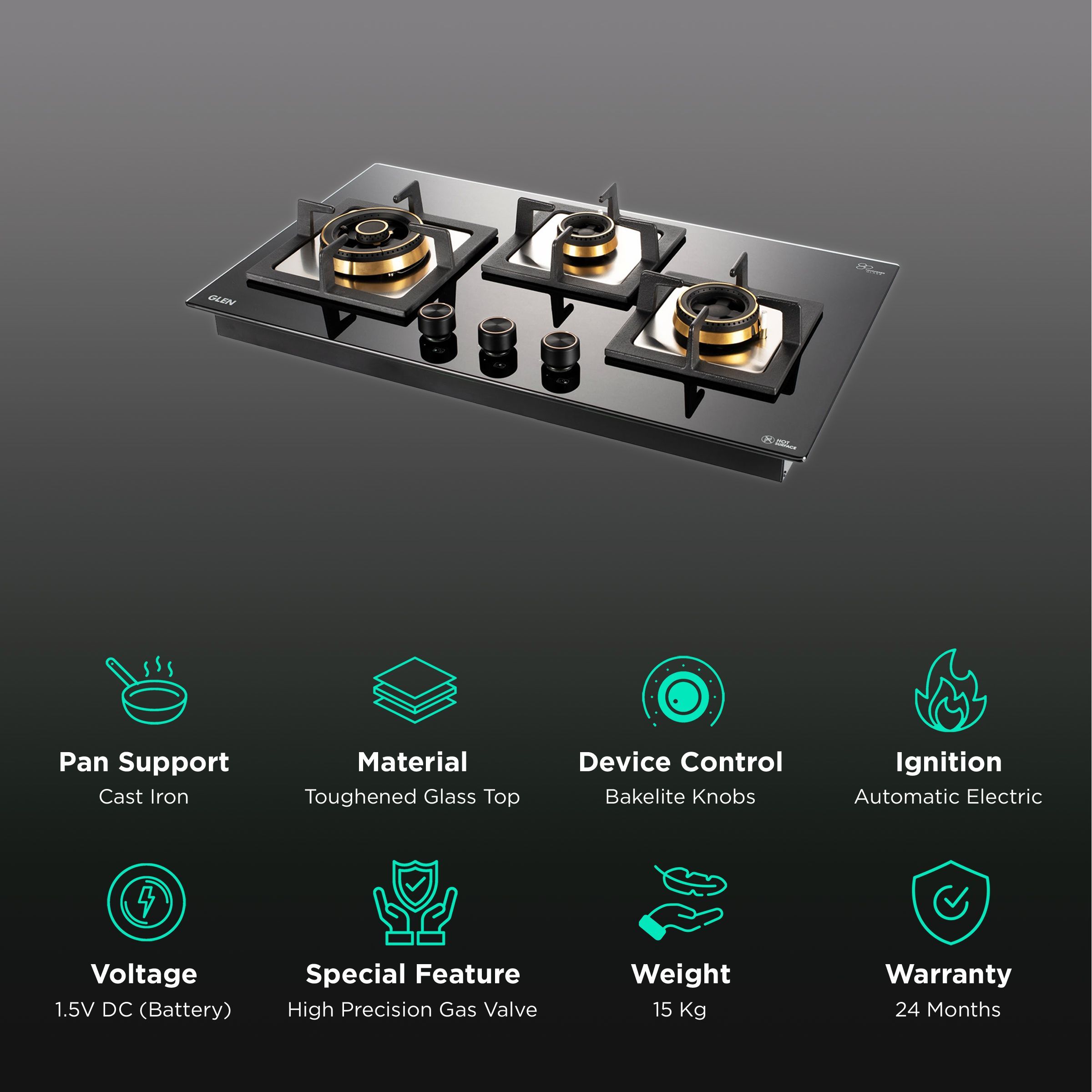 Glen 1073 SQ HT DB TR Toughened Glass Top 3 Burner Automatic Electric Hob (Vitreous Enamelled Pan Support, Black)_3