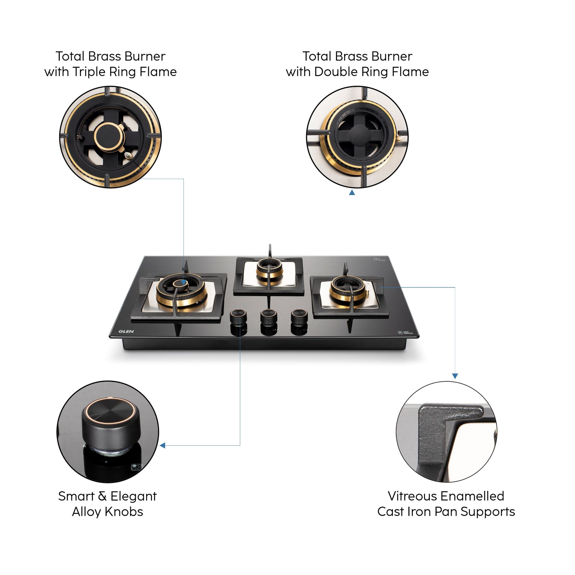Glen 1073 SQ HT DB TR Toughened Glass Top 3 Burner Automatic Electric Hob (Vitreous Enamelled Pan Support, Black)_5