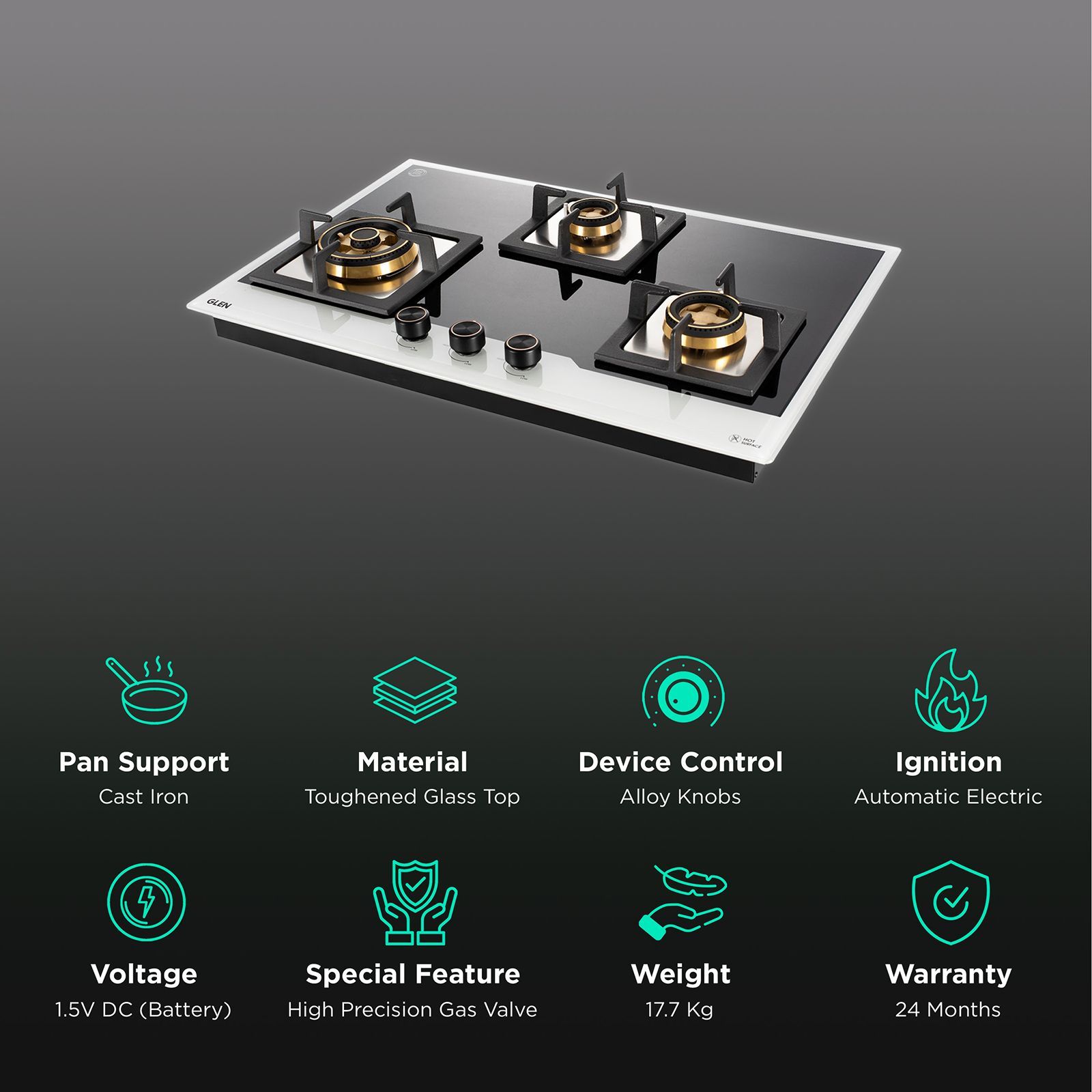 Glen 1073 XL SQ HT DB TR BW77 Toughened Glass Top 3 Burner Automatic Electric Hob (Vitreous Enamelled Pan Support, Black/White)_3