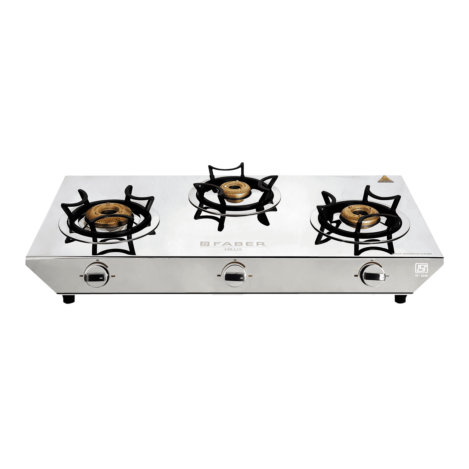 Faber Hilux Max 3BB SS 3 Burner Manual Gas Stove (Black Diamond Coated Sturdy Pan Support, Silver)_1