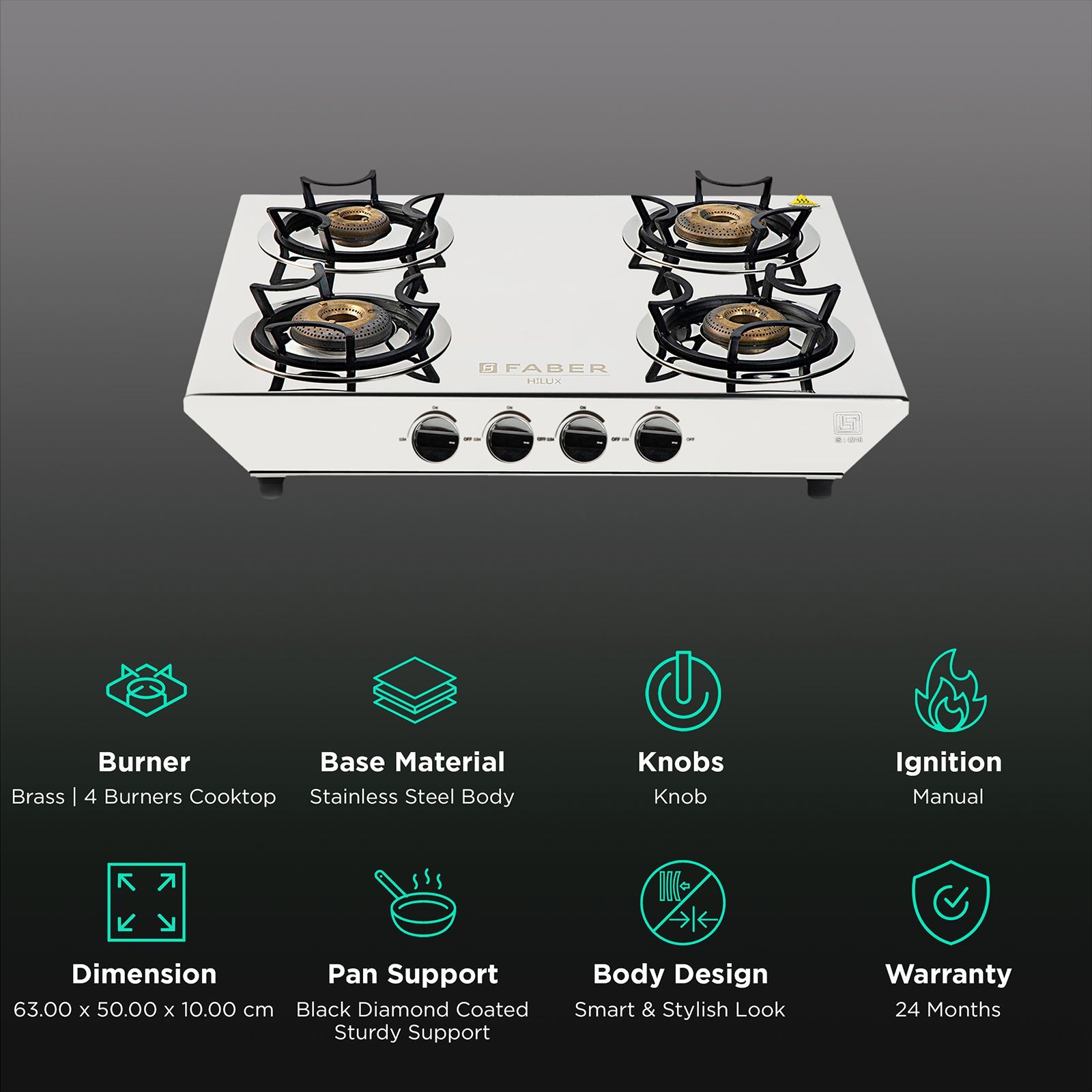 Faber Hilux Max 4BB SS 4 Burner Manual Gas Stove (Black Diamond Coated Sturdy Pan Support, Silver) Faber Hilux Max 4BB SS 4 Burner Manual Gas Stove (Black Diamond Coated Sturdy Pan Support, Silver)_3