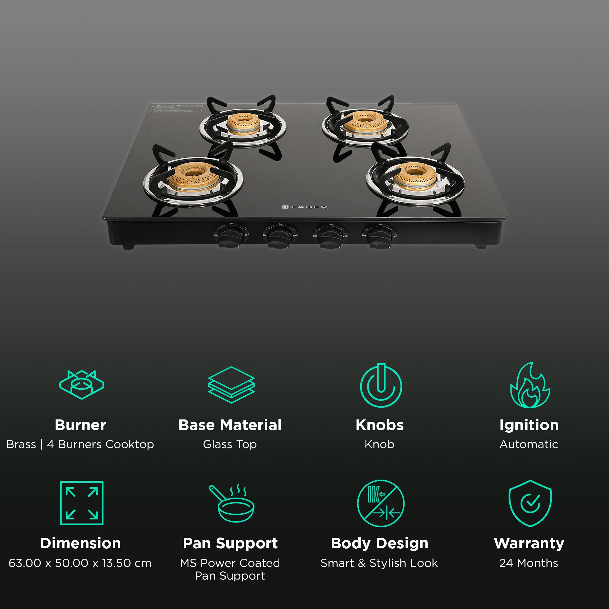 Faber Jumbo Neo XL 4BB AI Glass Top 4 Burner Automatic Gas Stove (MS Power Coated Pan Support, Black)_3