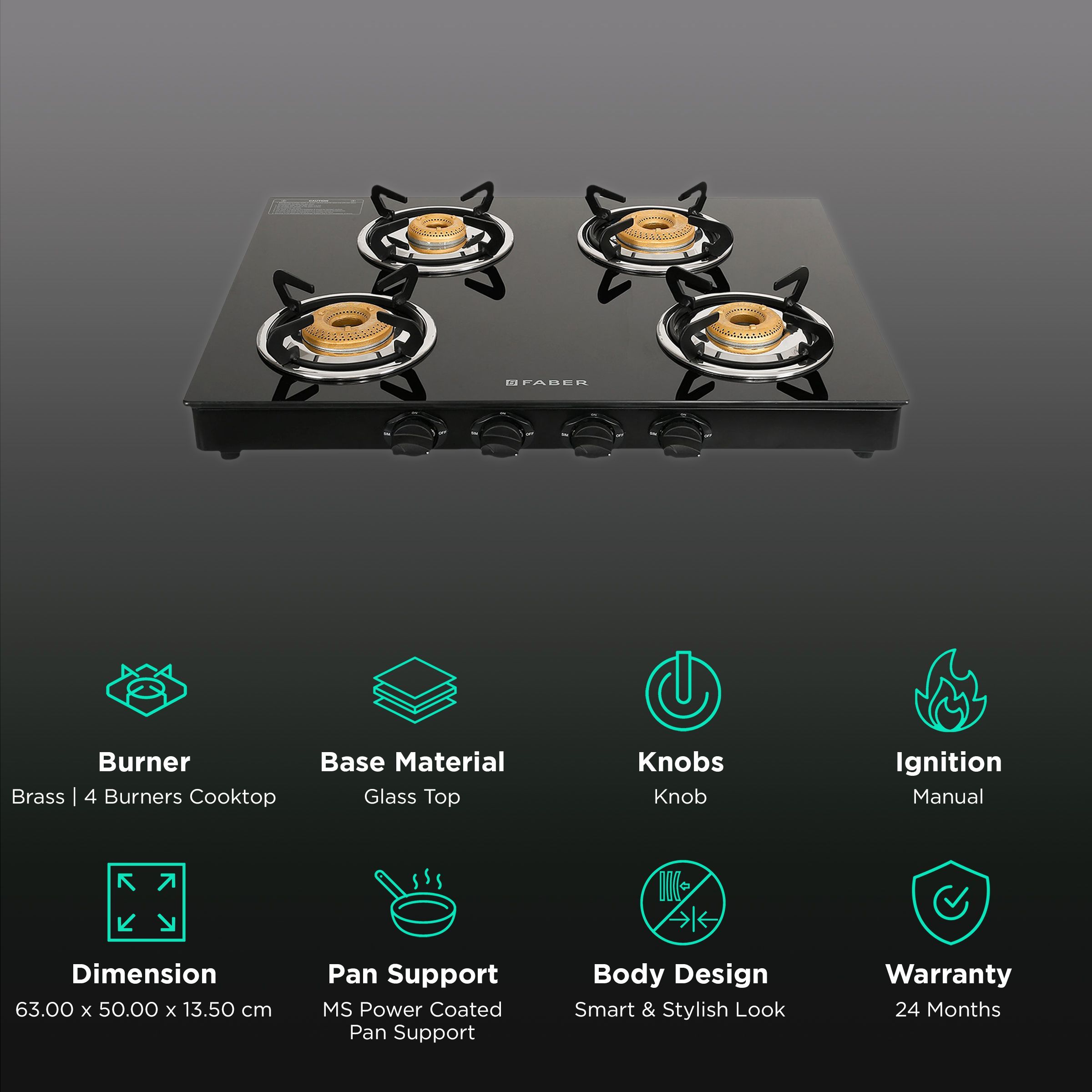 Faber Jumbo Neo XL 4BB Glass Top 4 Burner Manual Gas Stove (MS Power Coated Pan Support, Black)_3