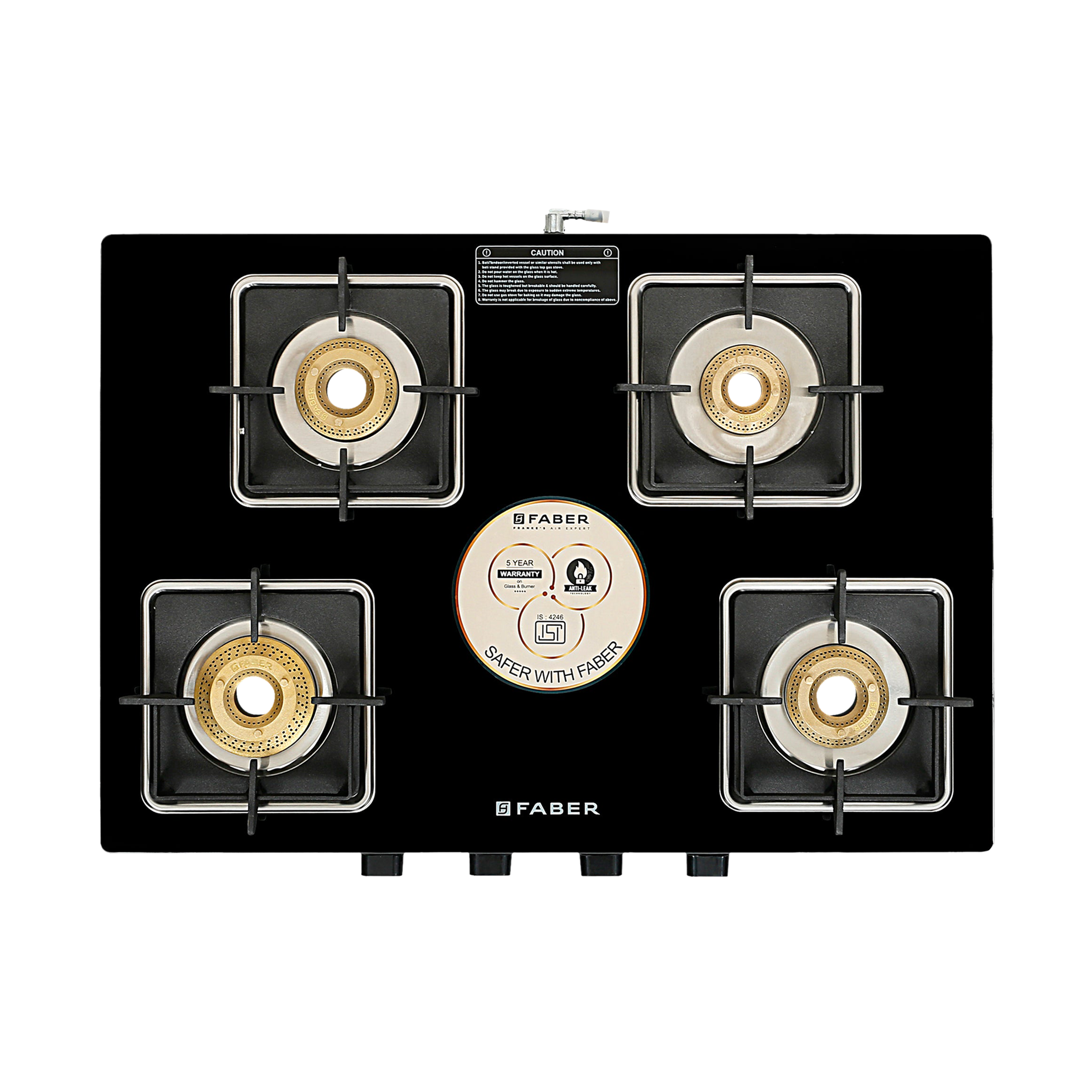 Faber Remo XL 4BB Glass Top 4 Burner Manual Gas Stove (MS Power Coated Pan Support, Black)_1