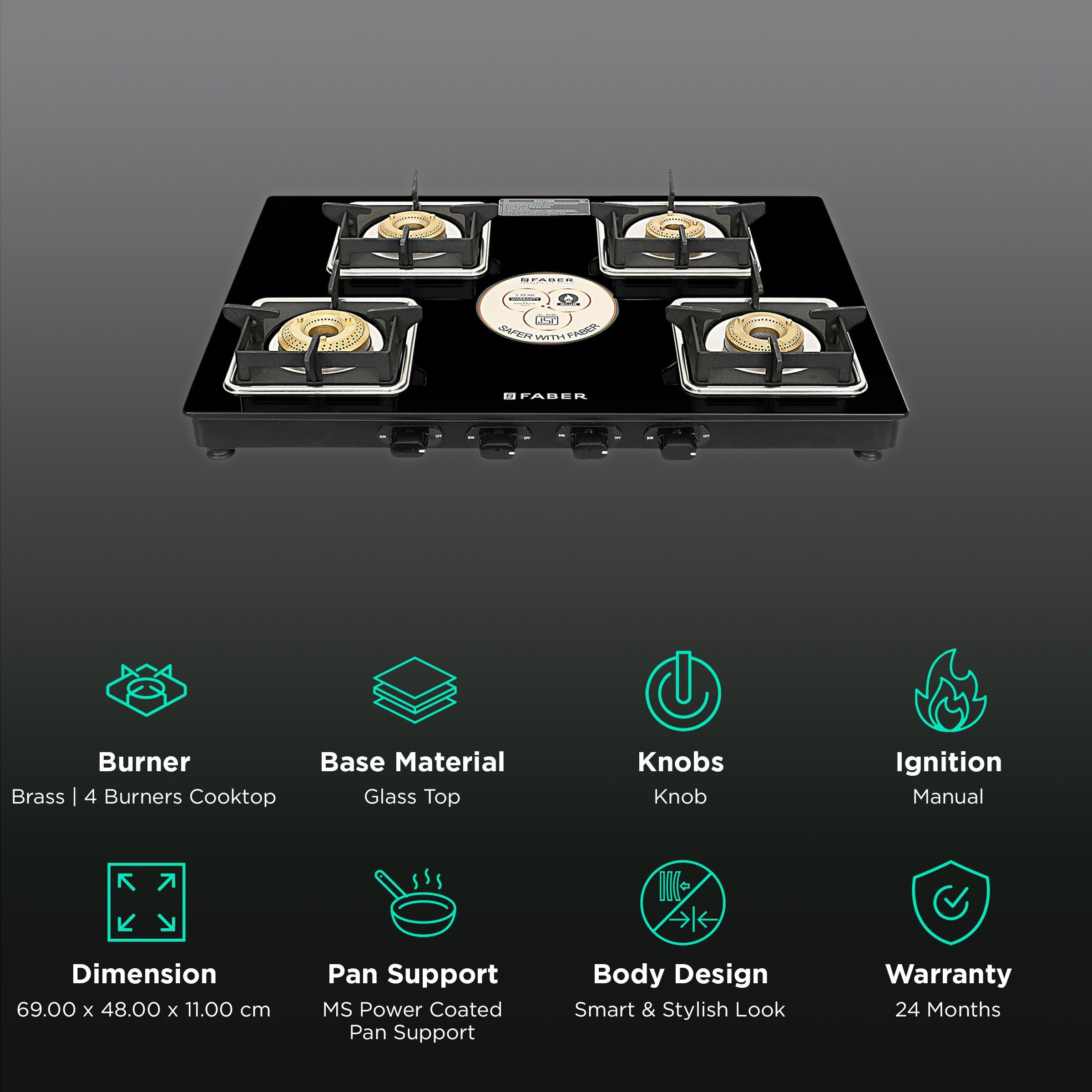 Faber Remo XL 4BB Glass Top 4 Burner Manual Gas Stove (MS Power Coated Pan Support, Black)_3