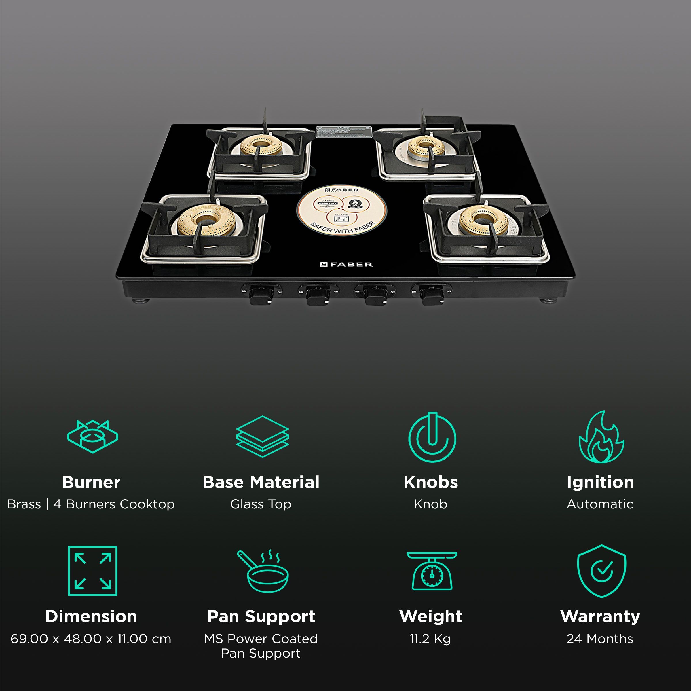 Faber Remo XL 4BB AI Glass Top 4 Burner Automatic Gas Stove (MS Power Coated Pan Support, Black)_3