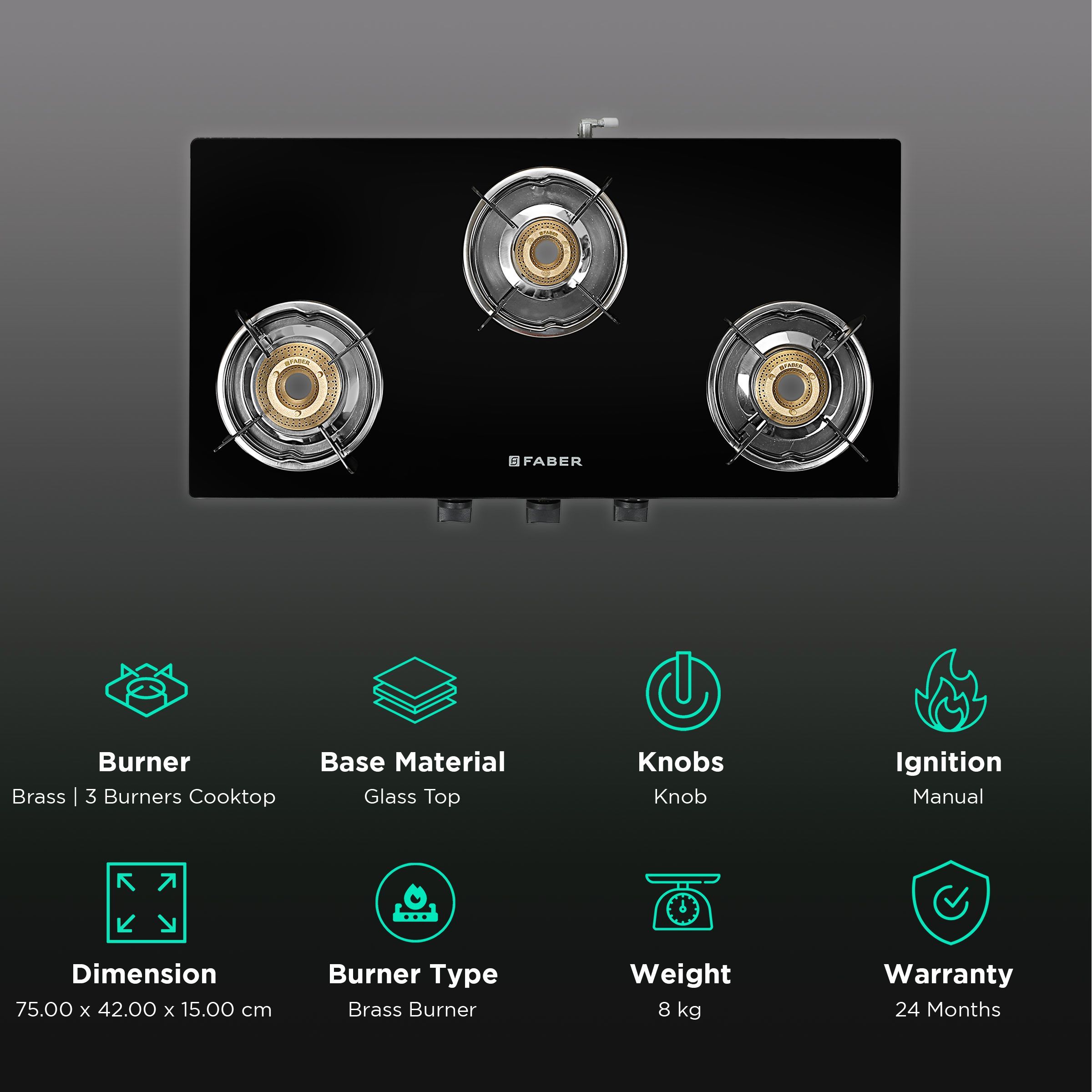 FABER Glass Top 3 Burner Manual Ignition Gas Stove (Brass Burner, Black) FABER Glass Top 3 Burner Manual Ignition Gas Stove (Brass Burner, Black)_3