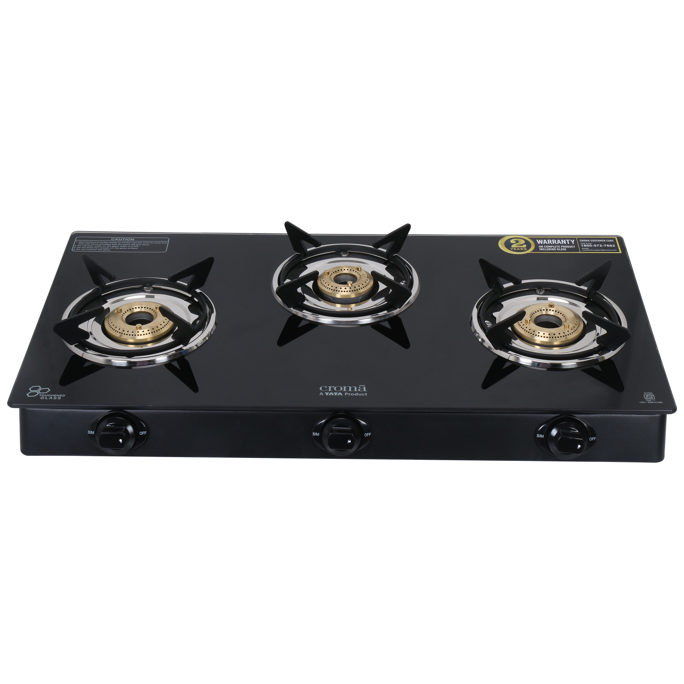 Croma Toughened Glass Top 3 Burner Manual Gas Stove (ISI Certified, Black)_1