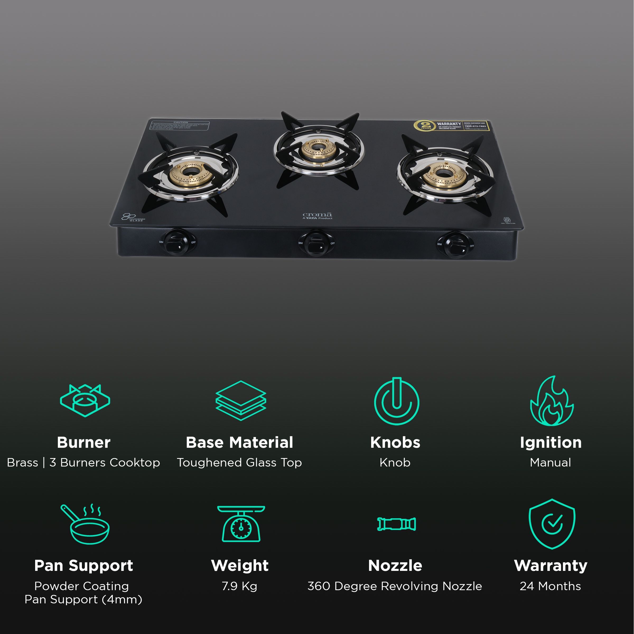 Croma Toughened Glass Top 3 Burner Manual Gas Stove (ISI Certified, Black)_3