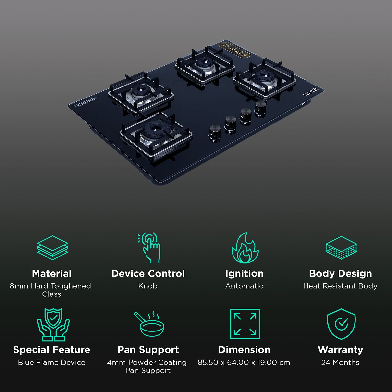 Croma Toughened Glass Top 4 Burner Automatic Hob (Double Drip Tray, Black) Croma Toughened Glass Top 4 Burner Automatic Hob (Double Drip Tray, Black)_3