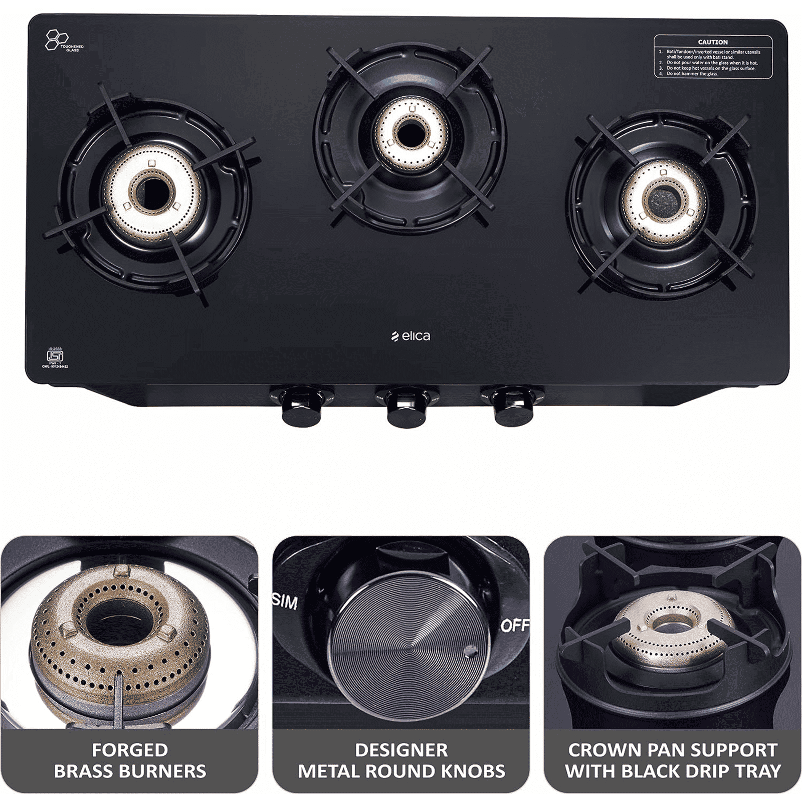 elica CREST 370 J NERO 3 Burner Manual Gas Stove (Brass Burner, Black)_9