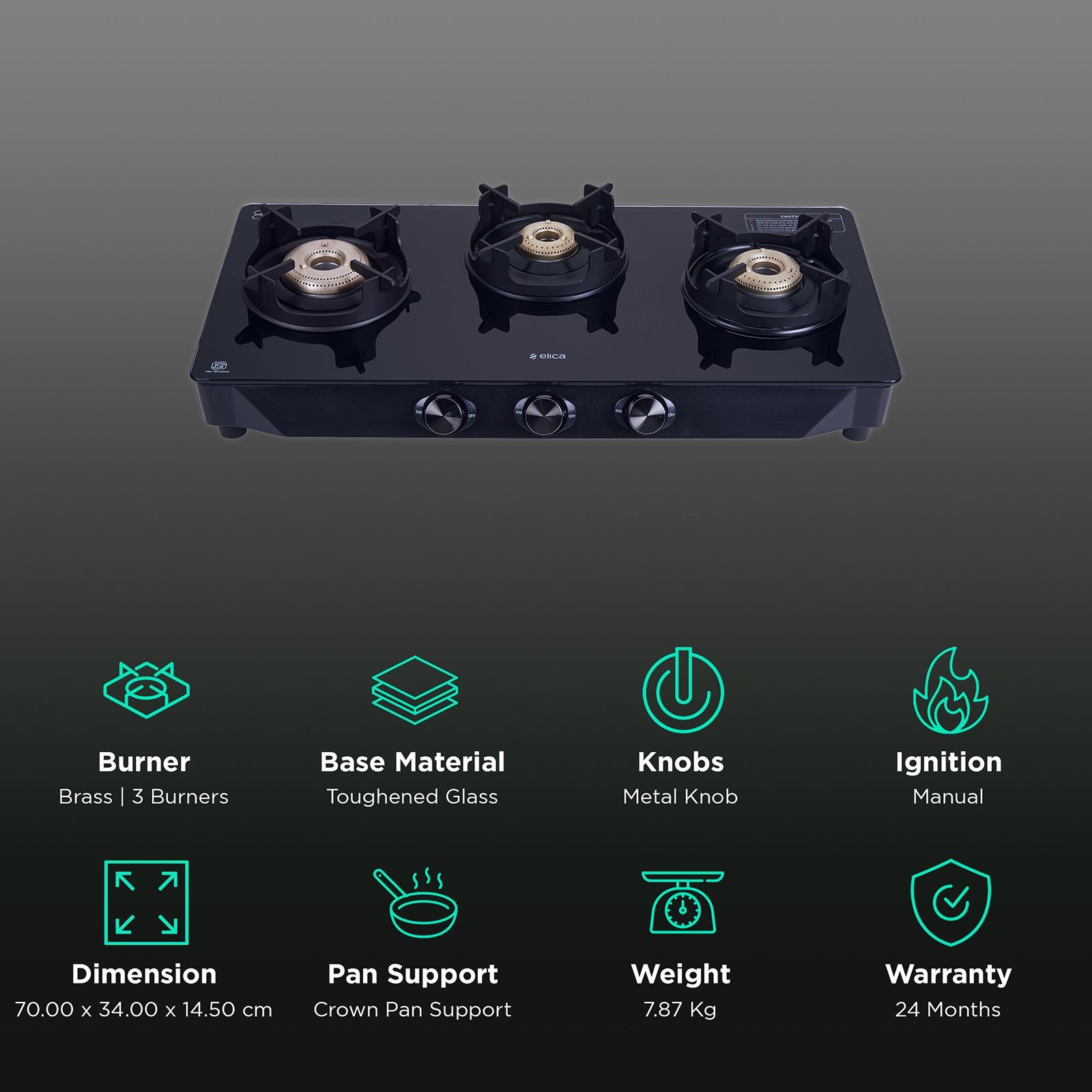 elica CREST 370 J NERO 3 Burner Manual Gas Stove (Brass Burner, Black)_3