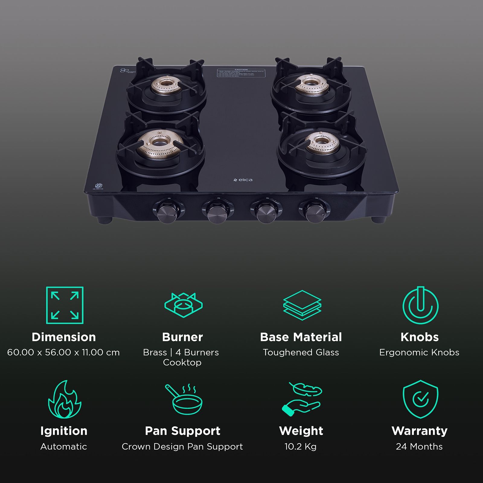 elica 4 Burner Manual Gas Stove (Crown Design Euro Coated, Black) elica 4 Burner Manual Gas Stove (Crown Design Euro Coated, Black)_3