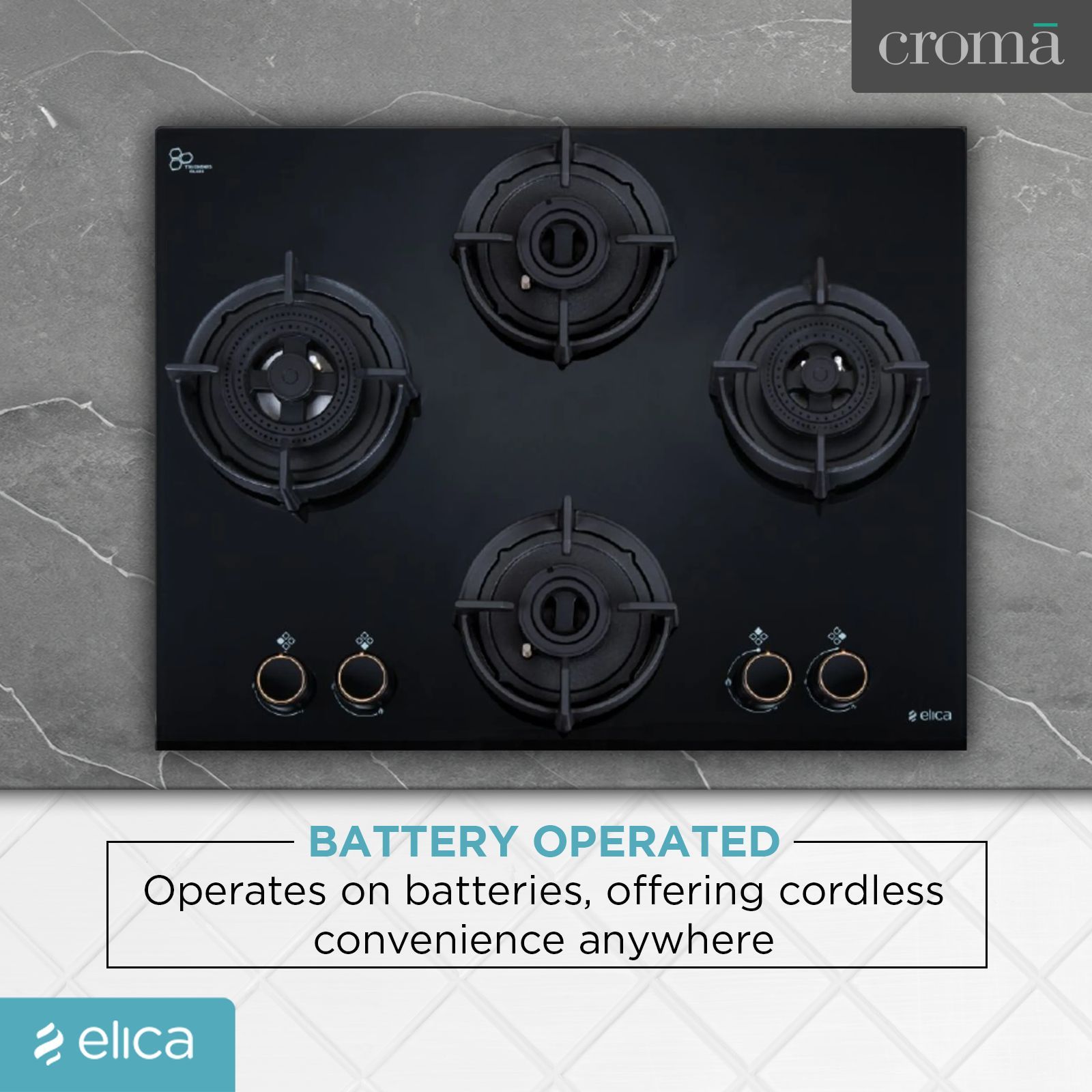 elica FLEXI DFS AB Series 4 Burner Automatic Hob (Battery Operated, Black)_6