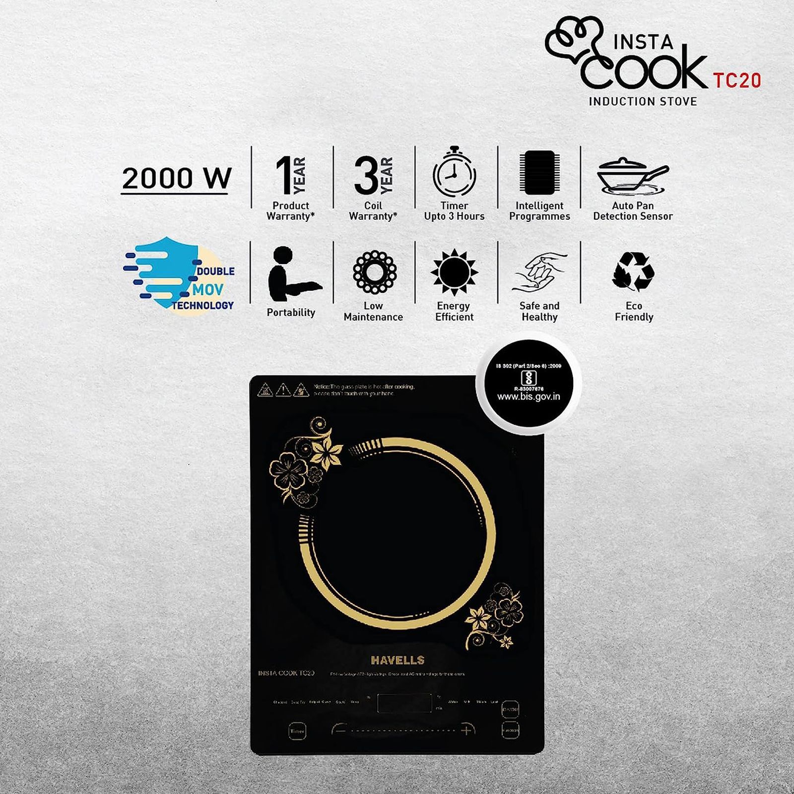 HAVELLS Insta Cook TC20 2000W Single Induction Cooktop with 9 Preset Menus_12