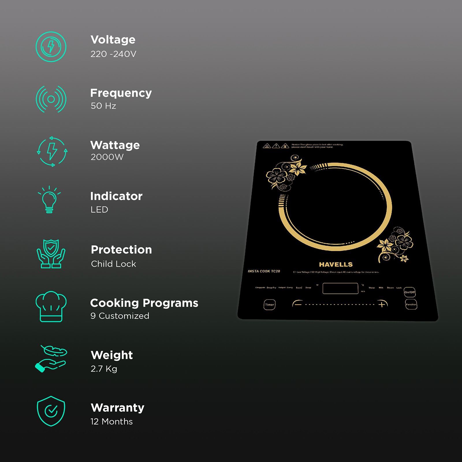 HAVELLS Insta Cook TC20 2000W Single Induction Cooktop with 9 Preset Menus_3