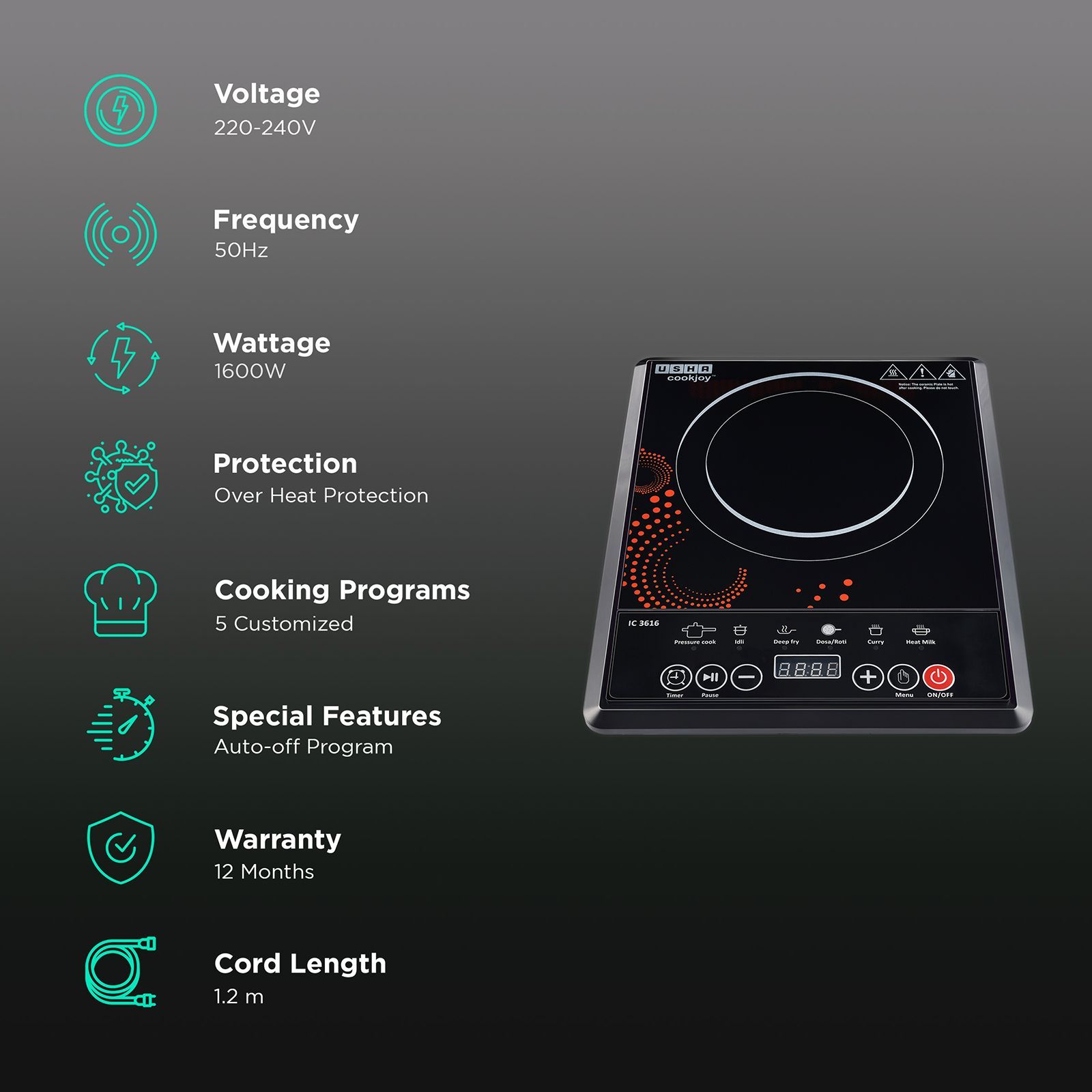 USHA 3616 D 1600W Single Induction Cooktop with 5 Cooking Modes USHA 3616 D 1600W Single Induction Cooktop with 5 Cooking Modes_3