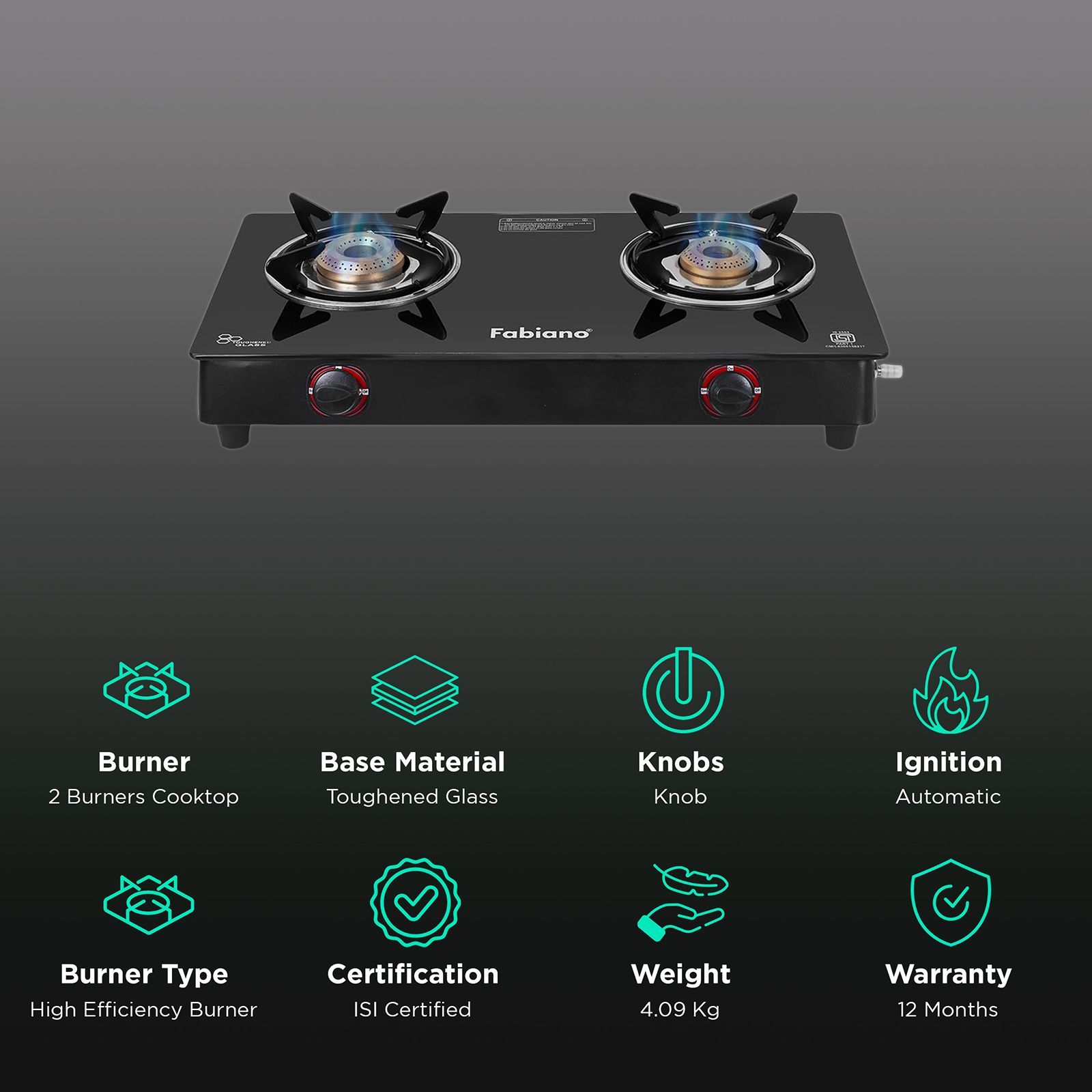 Fabiano FAB2BRNAUTOSMART Toughened Glass Top 2 Burner Automatic Gas Stove (High Efficiency Burner, Black)_3