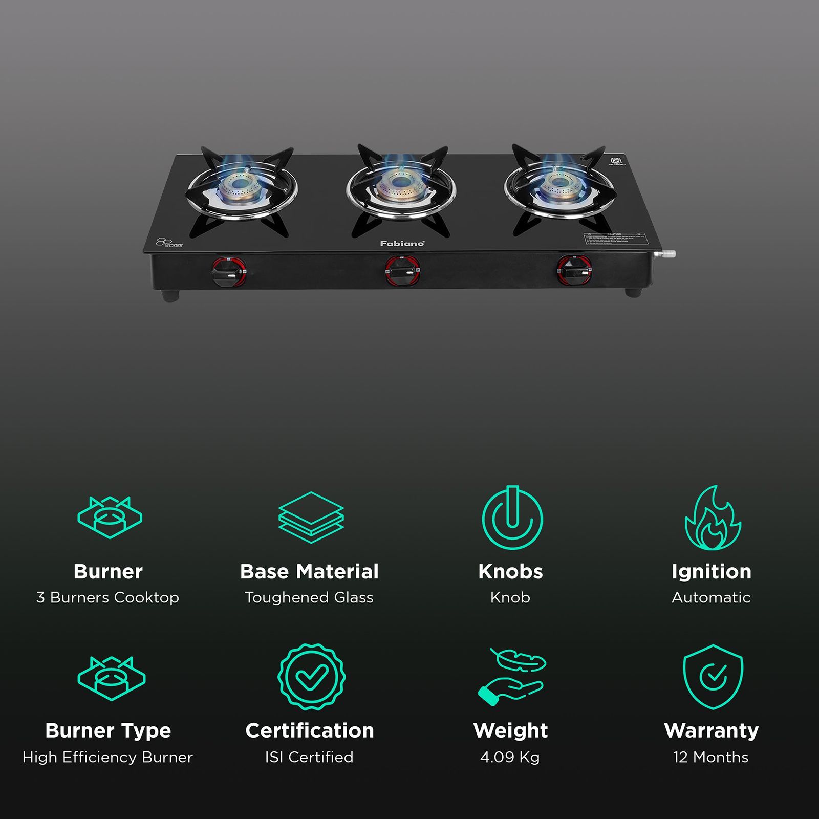 Fabiano FAB3BRNSMARTAUTO Toughened Glass 3 Burner Automatic Gas Stove (Rust Proof, Black)_3
