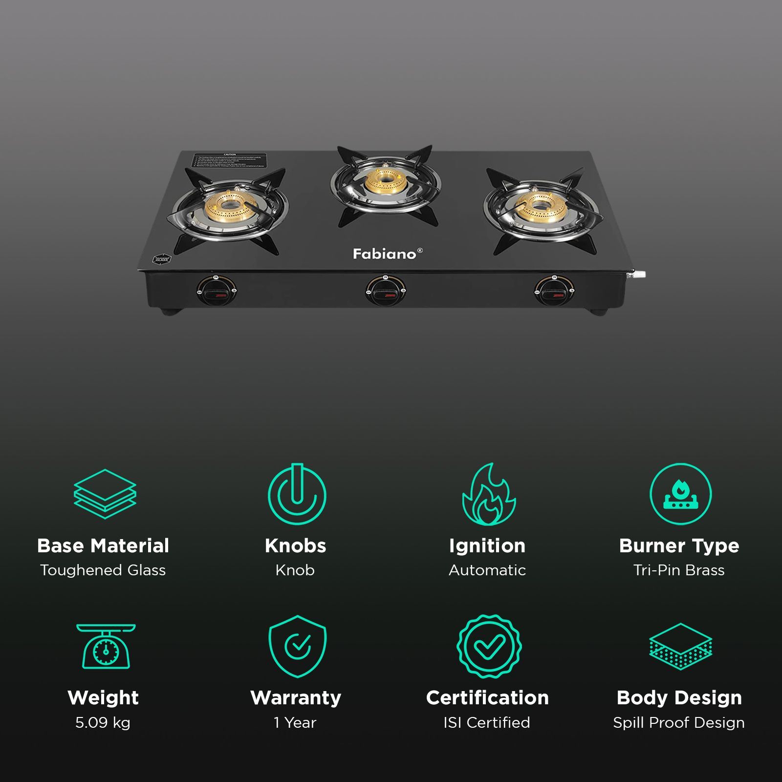 Fabiano Toughened Glass Top 3 Burner Automatic Gas Stove (Spill-proof Design, Black)_3