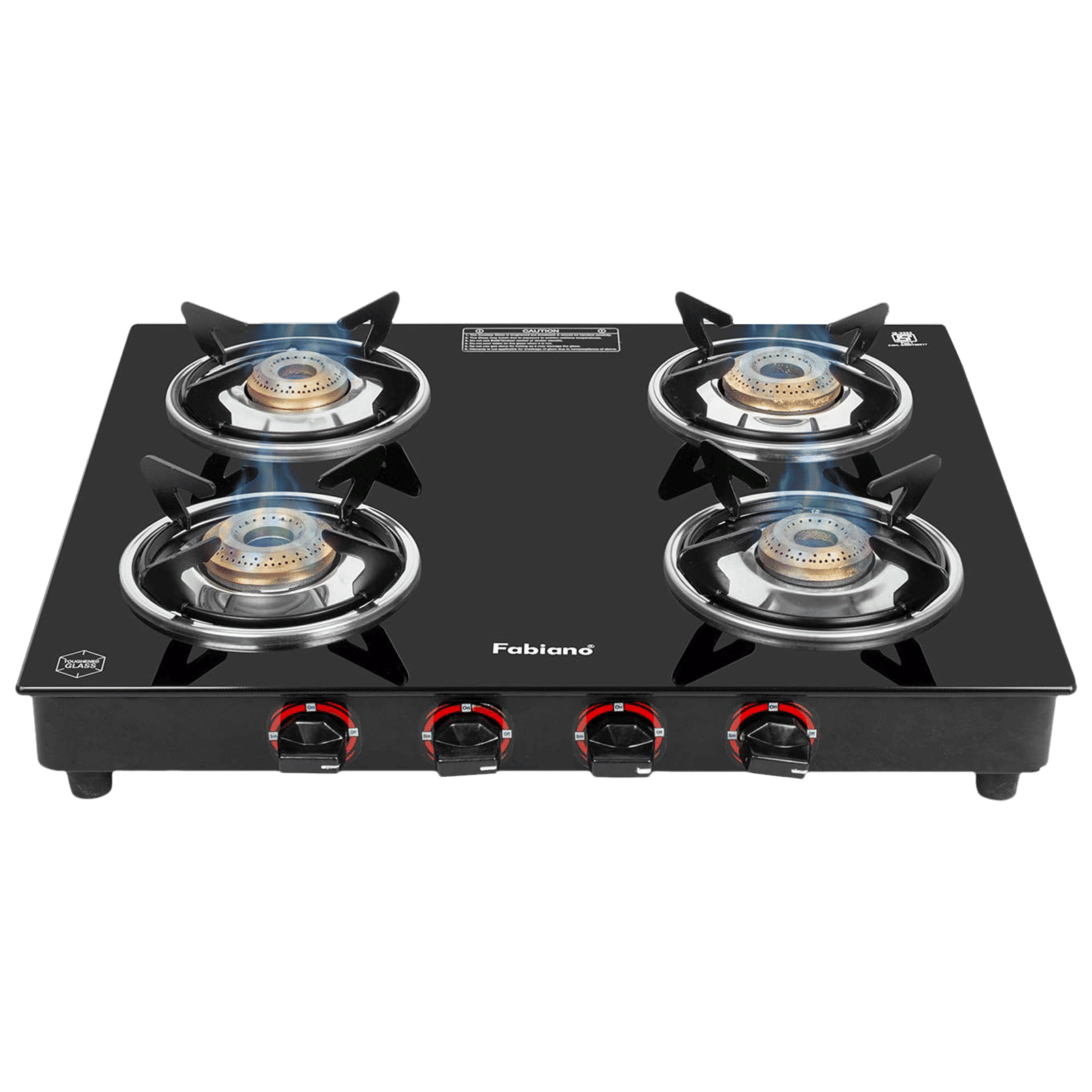 Fabiano FAB4BRSMART Toughened Glass Top 4 Burner Manual Gas Stove (Pan Support Attachment, Black)_1