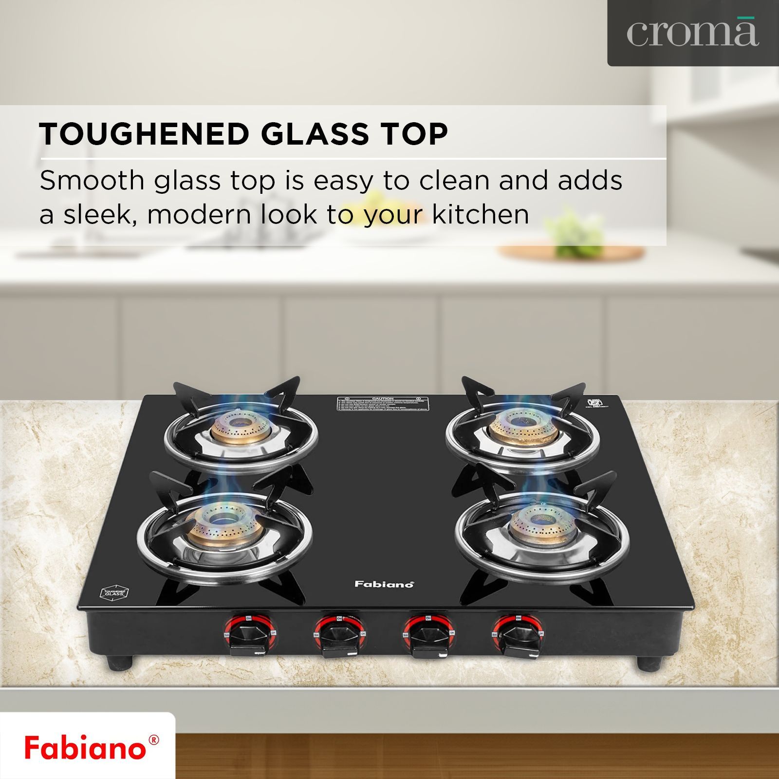 Fabiano FAB4BRSMART Toughened Glass Top 4 Burner Manual Gas Stove (Pan Support Attachment, Black)_9