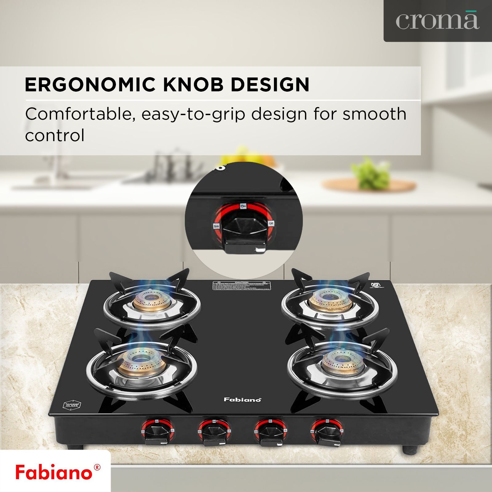 Fabiano FAB4BRSMART Toughened Glass Top 4 Burner Manual Gas Stove (Pan Support Attachment, Black)_11