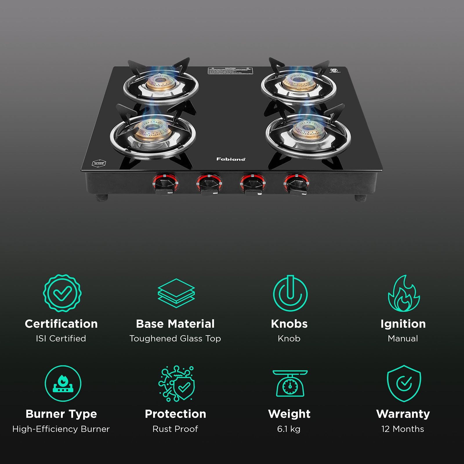 Fabiano FAB4BRSMART Toughened Glass Top 4 Burner Manual Gas Stove (Pan Support Attachment, Black)_3