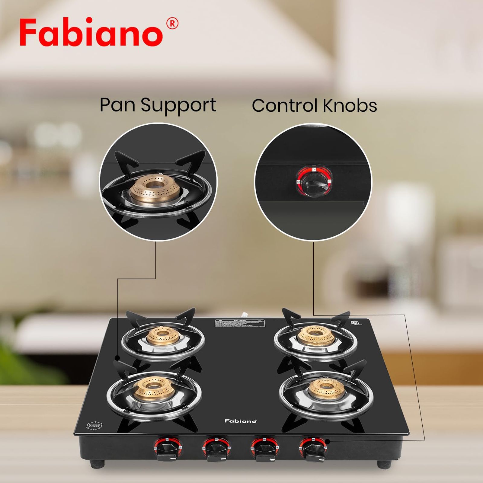 Fabiano FAB4BRSMART Toughened Glass Top 4 Burner Manual Gas Stove (Pan Support Attachment, Black)_4