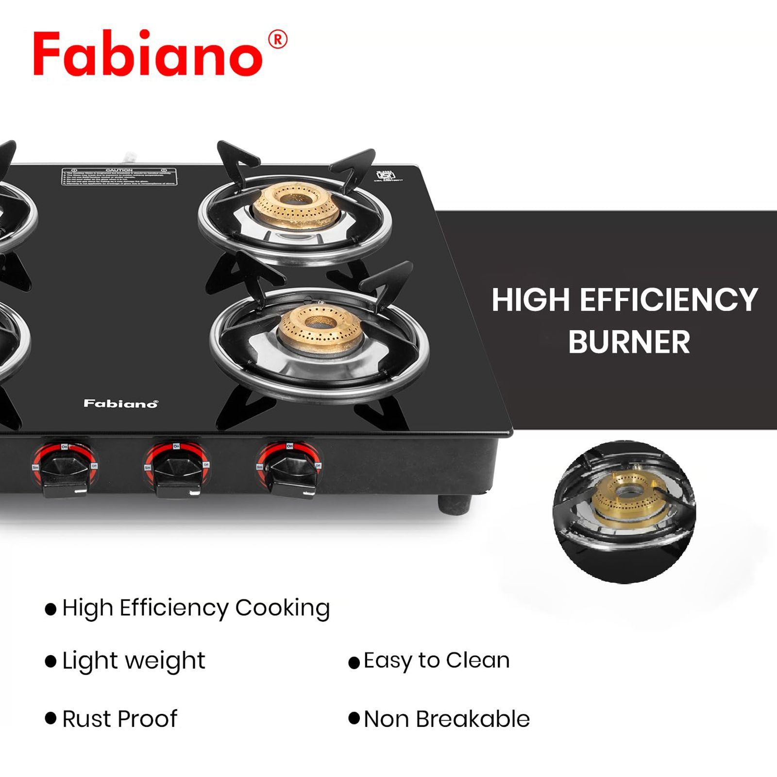 Fabiano FAB4BRSMART Toughened Glass Top 4 Burner Manual Gas Stove (Pan Support Attachment, Black)_5