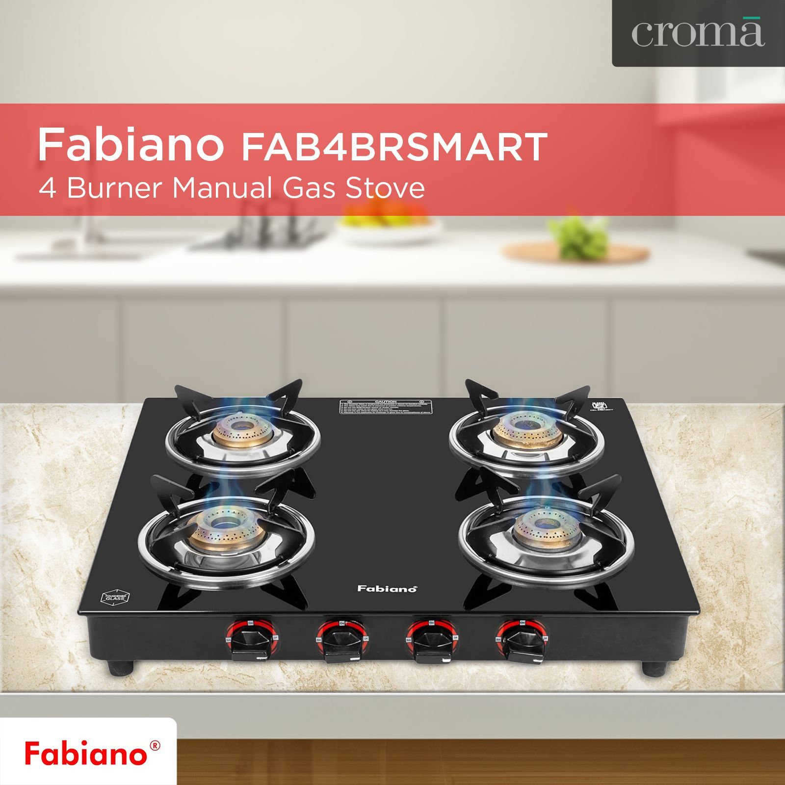 Fabiano FAB4BRSMART Toughened Glass Top 4 Burner Manual Gas Stove (Pan Support Attachment, Black)_7