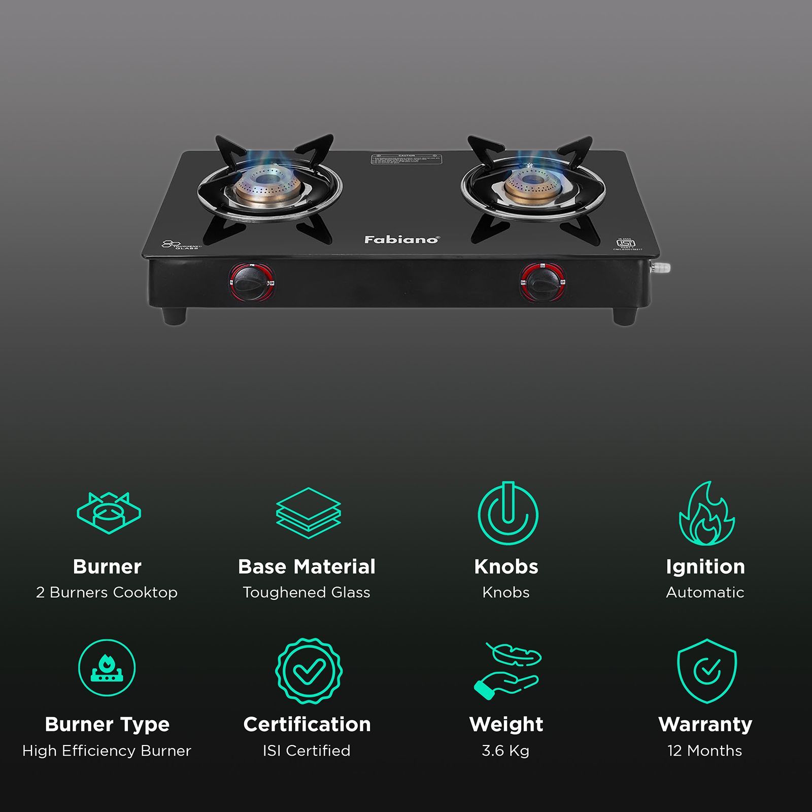Fabiano FAB2BRNAUTO Toughened Glass Top 2 Burner Automatic Gas Stove (ISI Certified, Black)_3