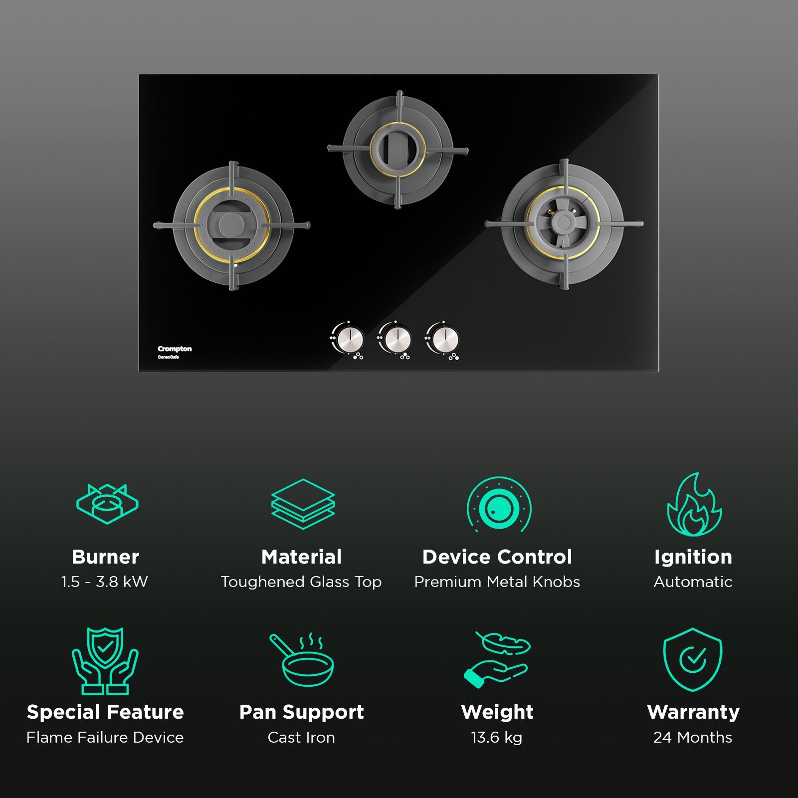 Crompton Sensosafe Toughened Glass Top 3 Burner Automatic Hob (Cast Iron Pan Support, Midnight Black)_3