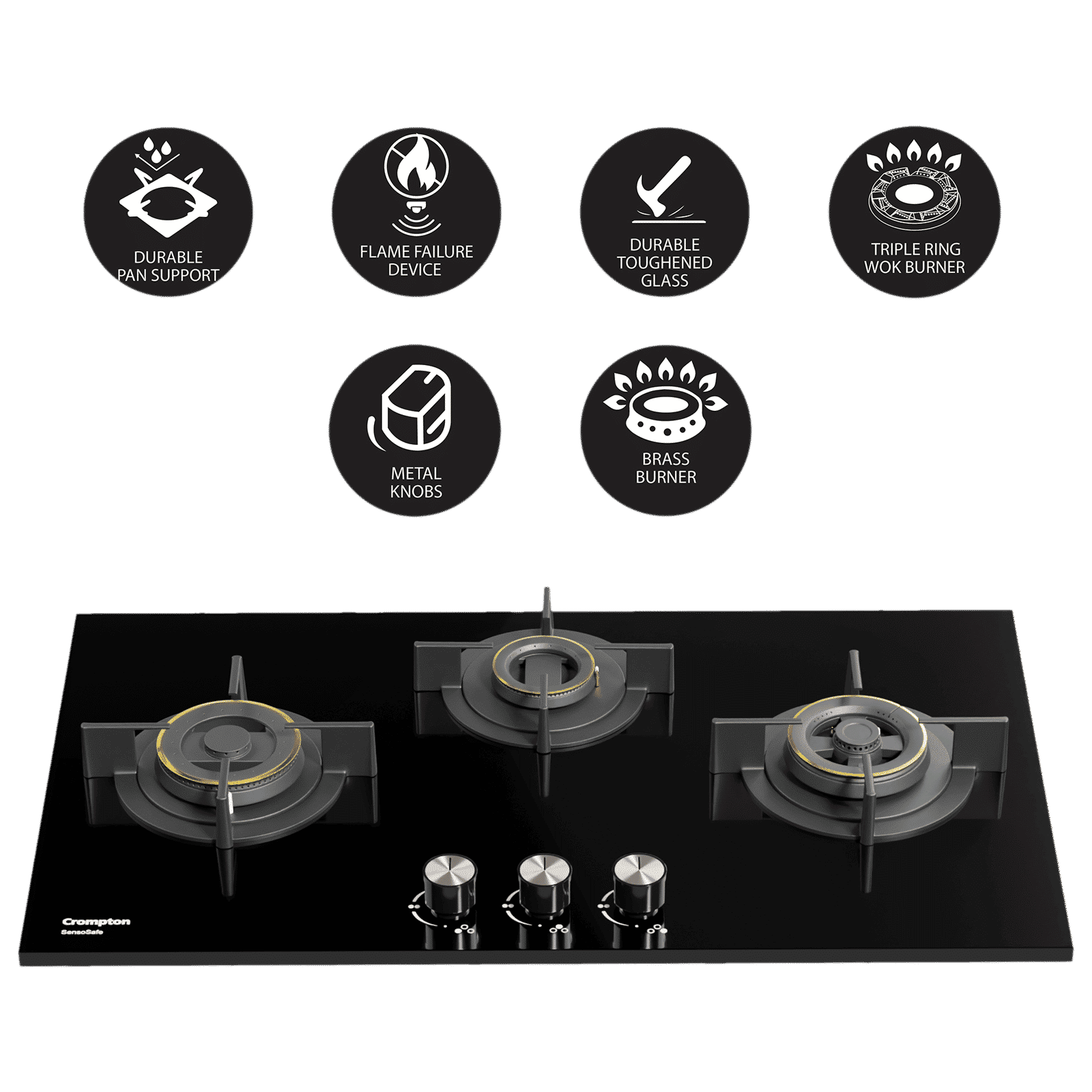 Crompton Sensosafe Toughened Glass Top 3 Burner Automatic Hob (Cast Iron Pan Support, Midnight Black)_8