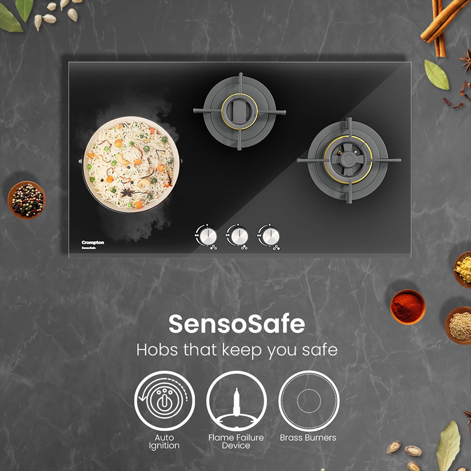Crompton Sensosafe Toughened Glass Top 3 Burner Automatic Hob (Cast Iron Pan Support, Midnight Black)_9