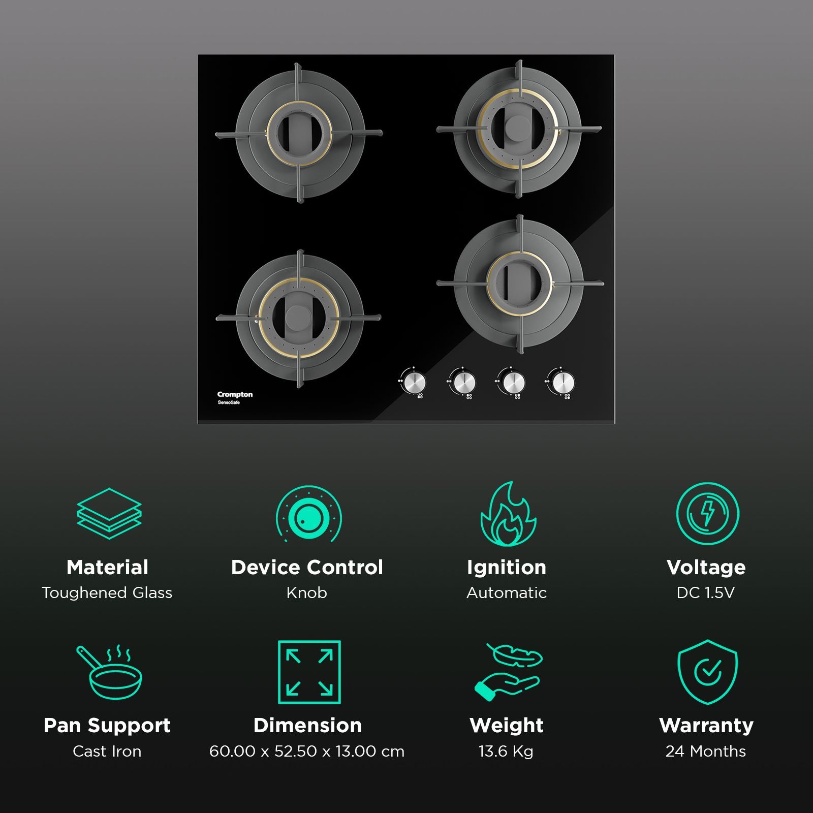 Crompton Sensosafe Toughened Glass Top 4 Burner Automatic Hob (Cast Iron Pan Support, Black)_3