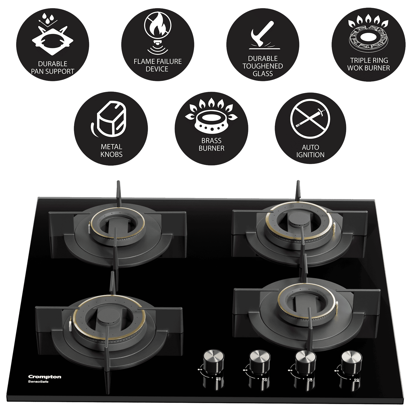 Crompton Sensosafe Toughened Glass Top 4 Burner Automatic Hob (Cast Iron Pan Support, Black)_7
