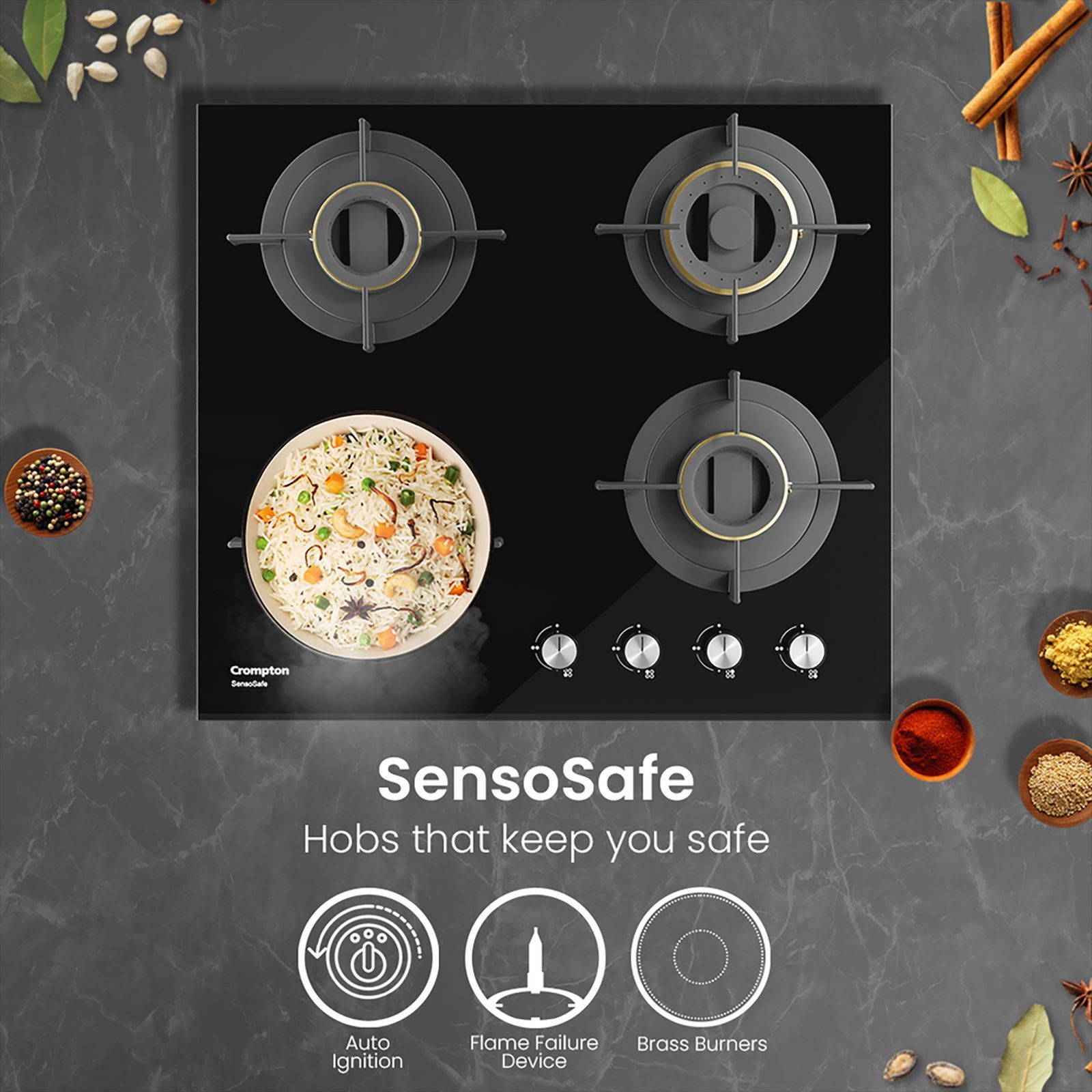Crompton Sensosafe Toughened Glass Top 4 Burner Automatic Hob (Cast Iron Pan Support, Black)_8