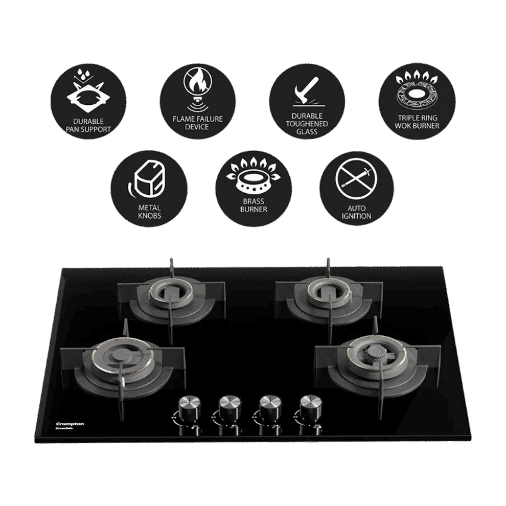 Crompton Sensosafe Toughened Glass Top 4 Burner Automatic Hob (Cast Iron Pan Support, Midnight Black)_6